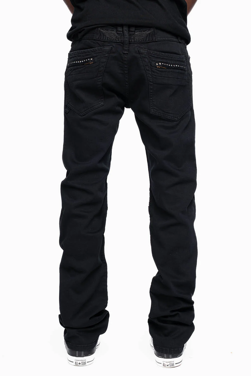 MOTO BIKER MEN'S SLIM STRAIGHT LEG JEANS IN PURE BLK EMBELLISHED WITH CRYSTALS - Image 5