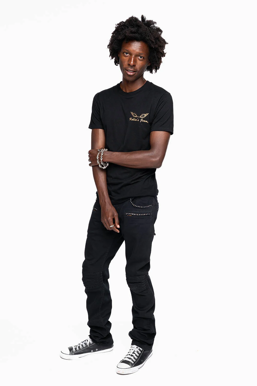 MOTO BIKER MEN'S SLIM STRAIGHT LEG JEANS IN PURE BLK EMBELLISHED WITH CRYSTALS - Image 7