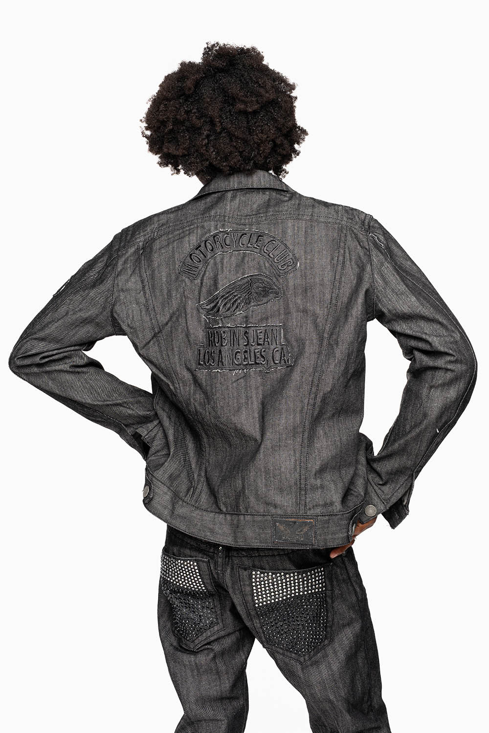 MOTORCYCLE CLUB DENIM JACKET IN BLK RAW DENIM WITH PATCHES STUDS AND CRYSTALS - Image 8
