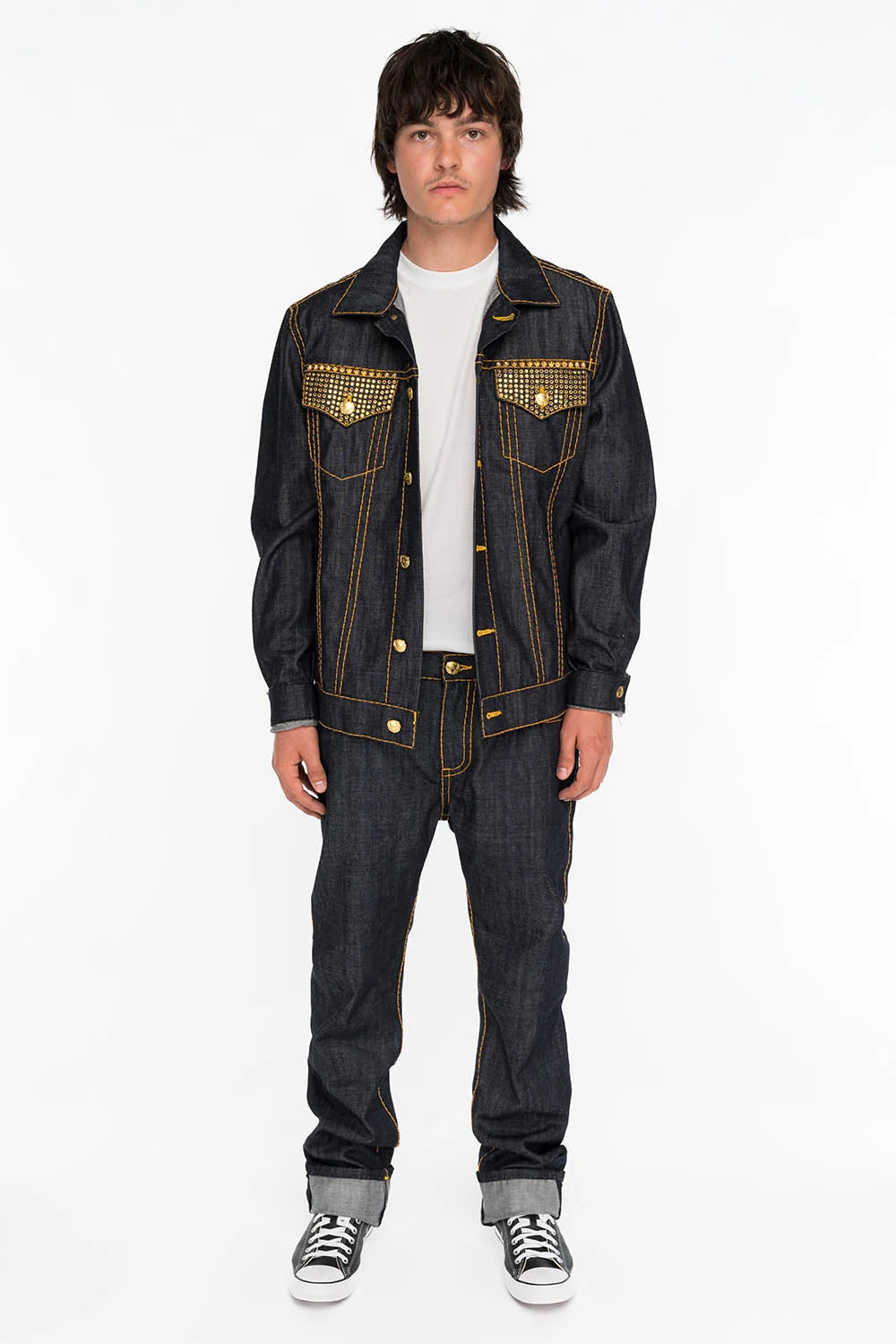 MENS RAW DENIM SLIM FIT CLASSIC JEANS WITH ORANGE HEAVY STITCHING STUDS AND CRYSTALS - Image 5