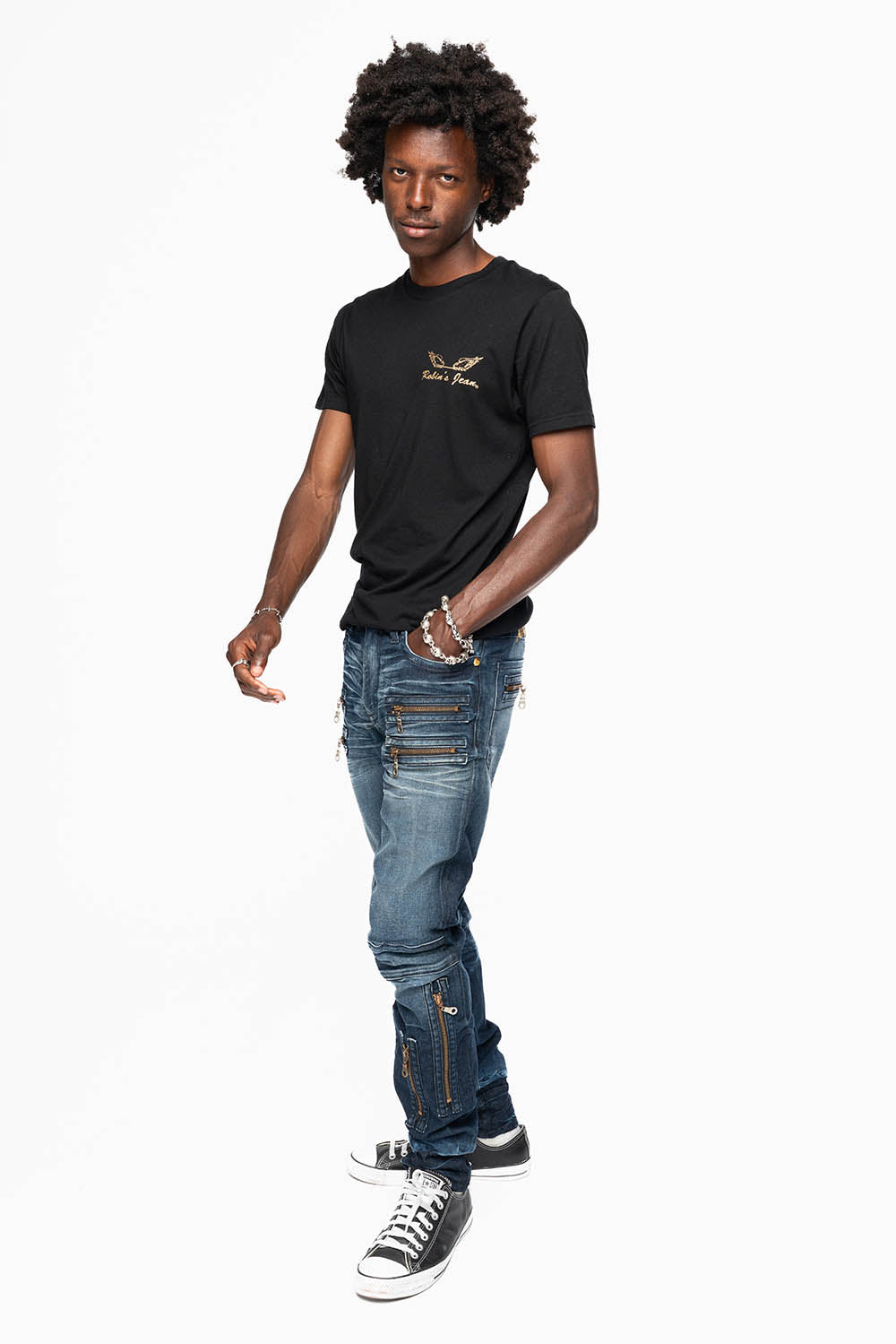 NEW BIKER IN BLUE STONE WASH WITH GOLD EMBROIDERED O.E SCRIPT - Image 5