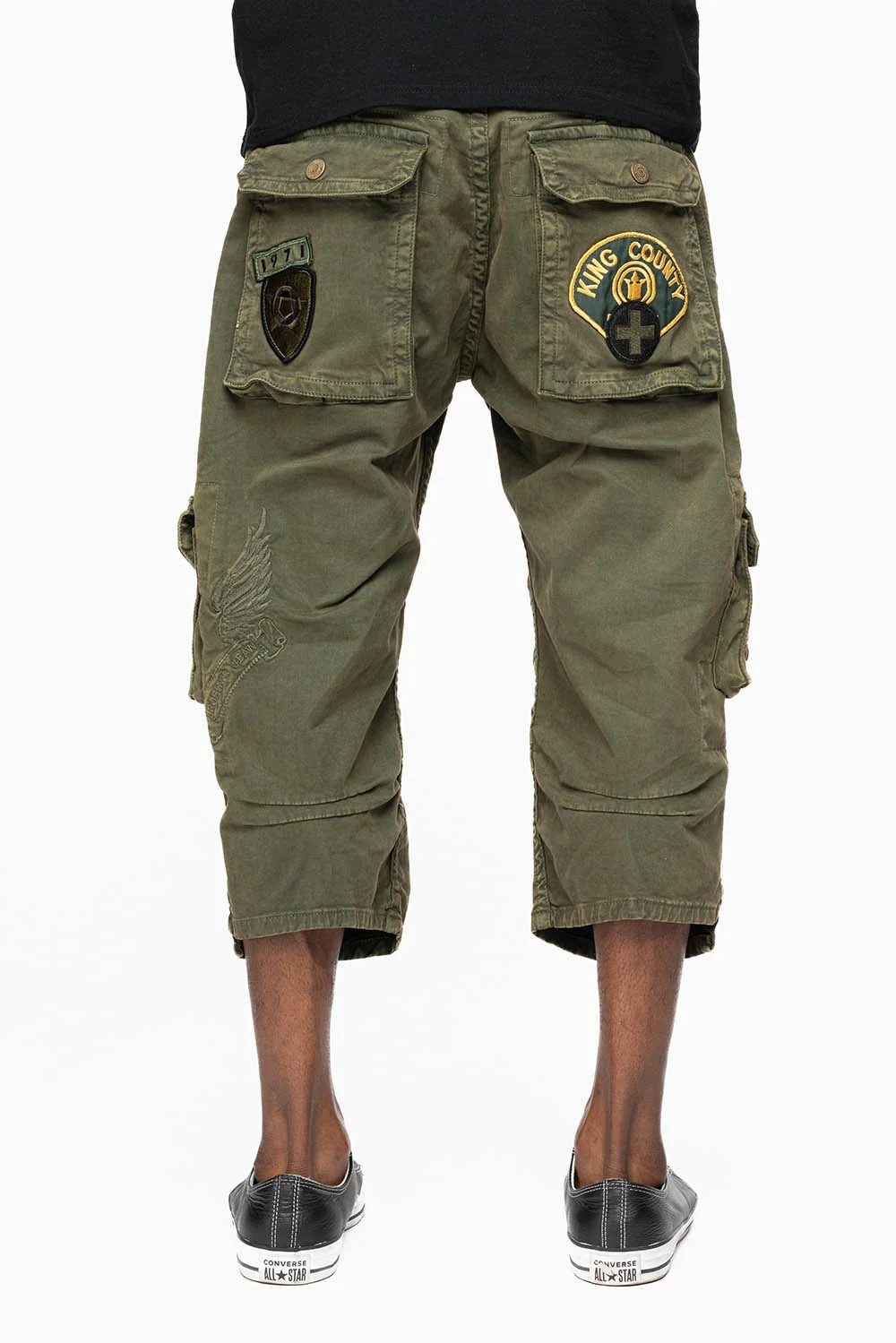 ORIGINAL ROBIN’S JEAN CALL OF DUTY CARGO SHORT IN GREEN ARMY WITH PATCHES - Image 2