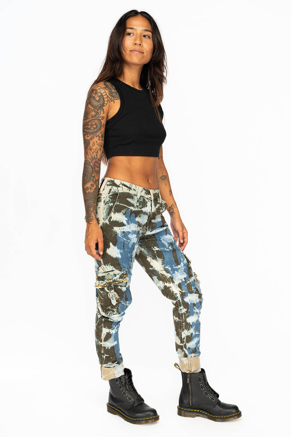 PREDATOR  WOMENS CARGO PANTS IN TIE DYE MIAMI WASH WITH CRYSTALS AND STUDS - Image 3