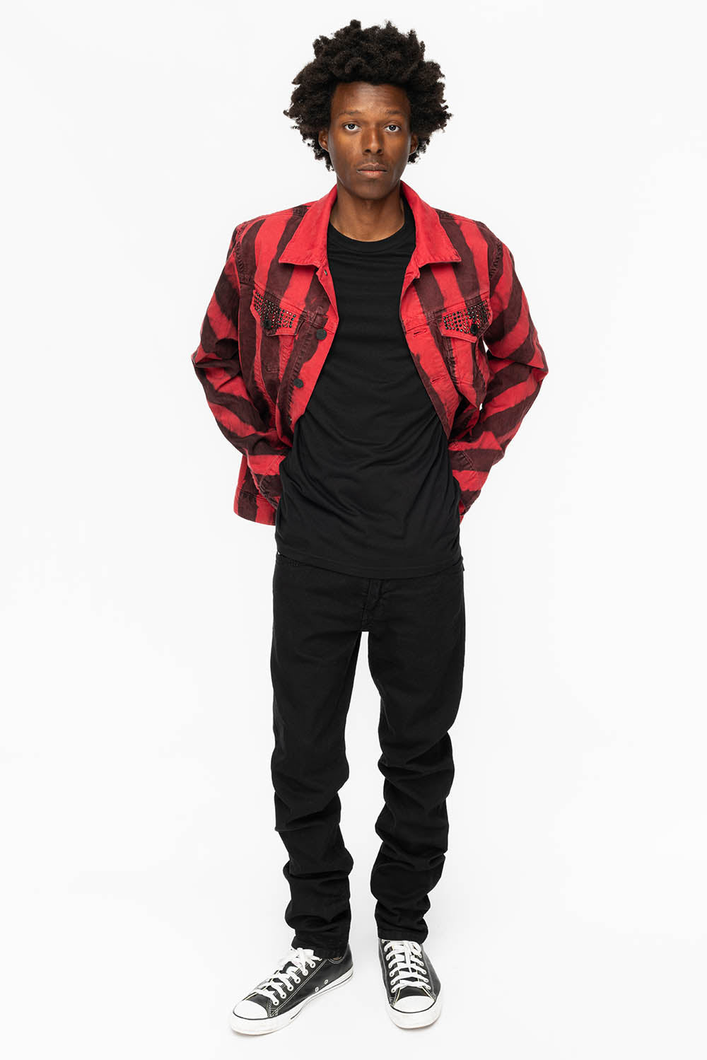 PRISONER JEAN JKT IN BLACK AND RED WASH WITH RED AND JET BLK  CRYSTALS - Image 4