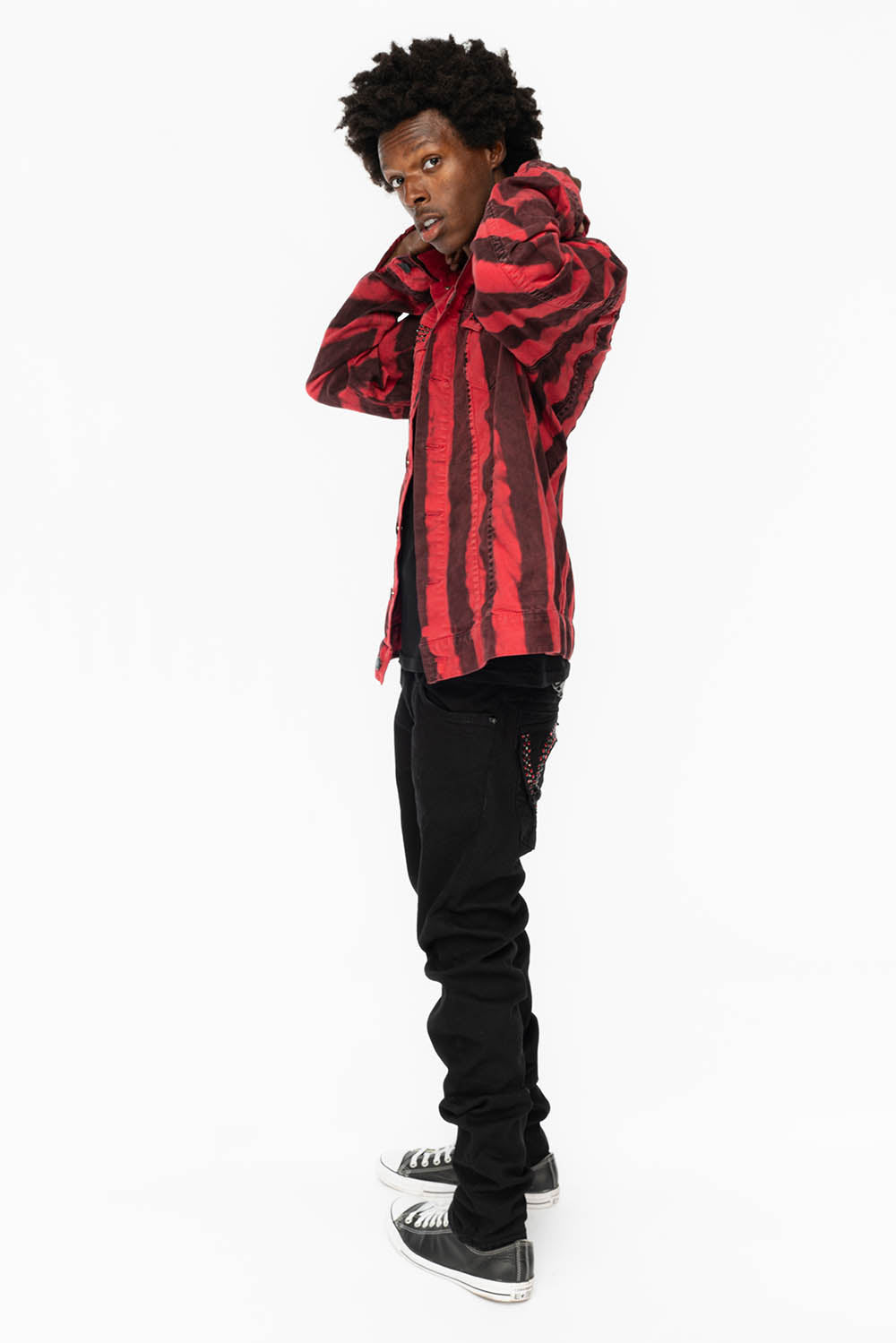 PRISONER JEAN JKT IN BLACK AND RED WASH WITH RED AND JET BLK  CRYSTALS - Image 5