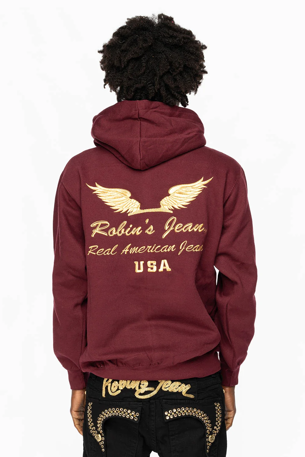 PULLOVER HOODIE IN BURGANDY WITH GOLD WINGS EMBROIDERY - Image 2