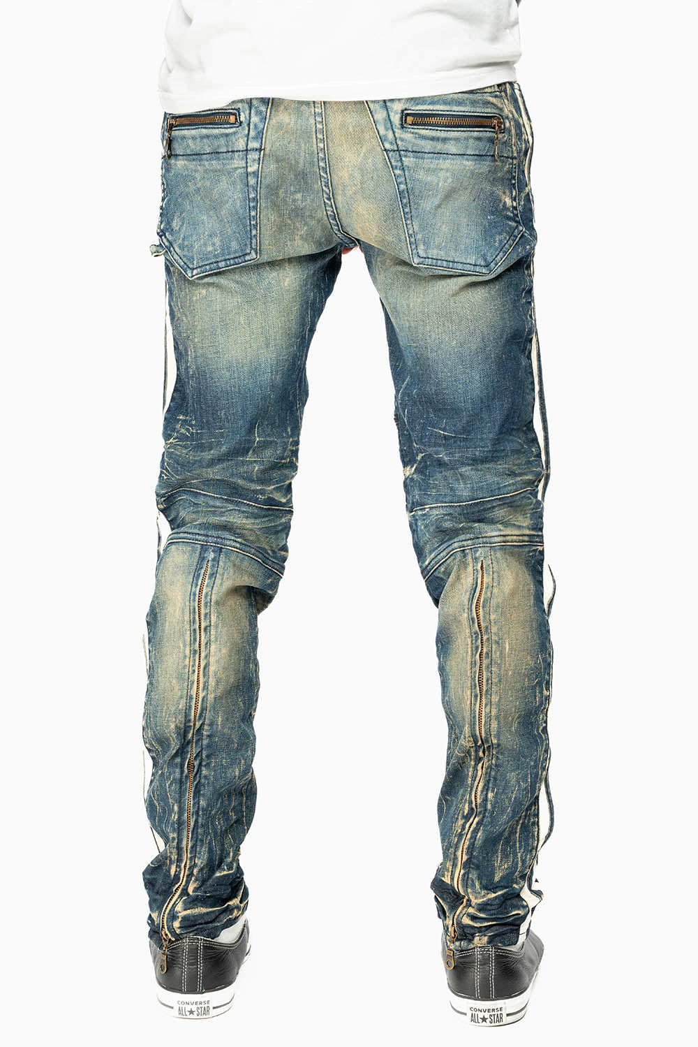 MENS BIKER JEANS IN BLUE 4D DARK WASH WITH WHITE STRIPES - Image 4