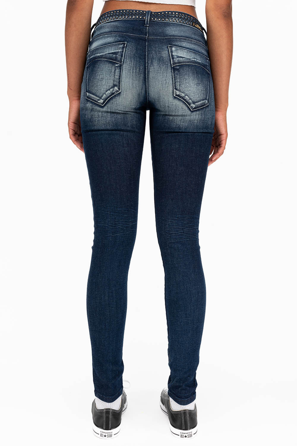 WOMENS MIDRISE SKINNY JEANS IN DARK BLUE WASH WITH CRYSTAL STARS - Image 3