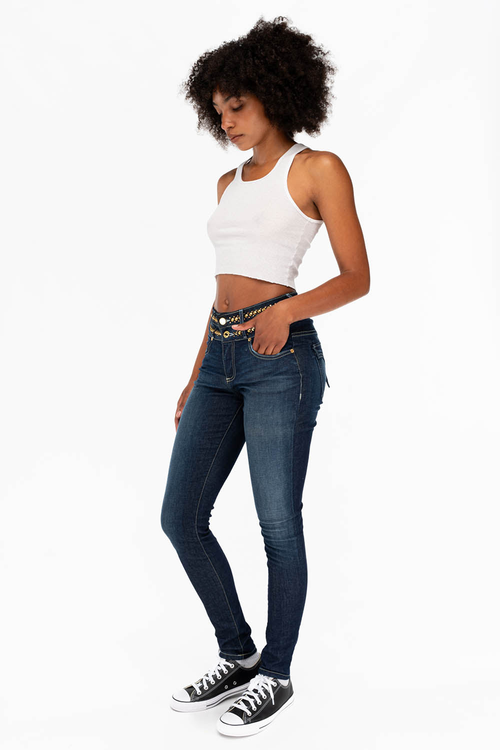 WOMENS KILLER FLAP DOUBLE WAIST HIGH RISE SKINNY JEANS IN LIBERTY DARK WITH STUDS AND CRYSTALS - Image 5