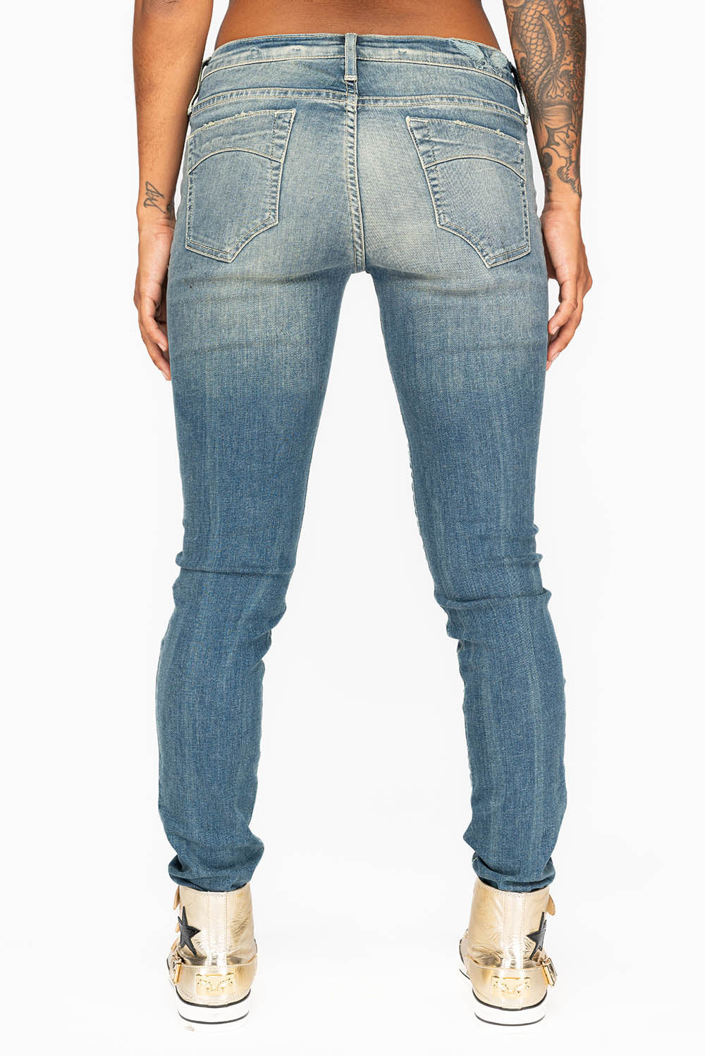 MIDRISE WOMENS SKINNY JEANS IN RIPPED BLUE WASH WITH CLEAR CRYSTAL STARS - Image 6