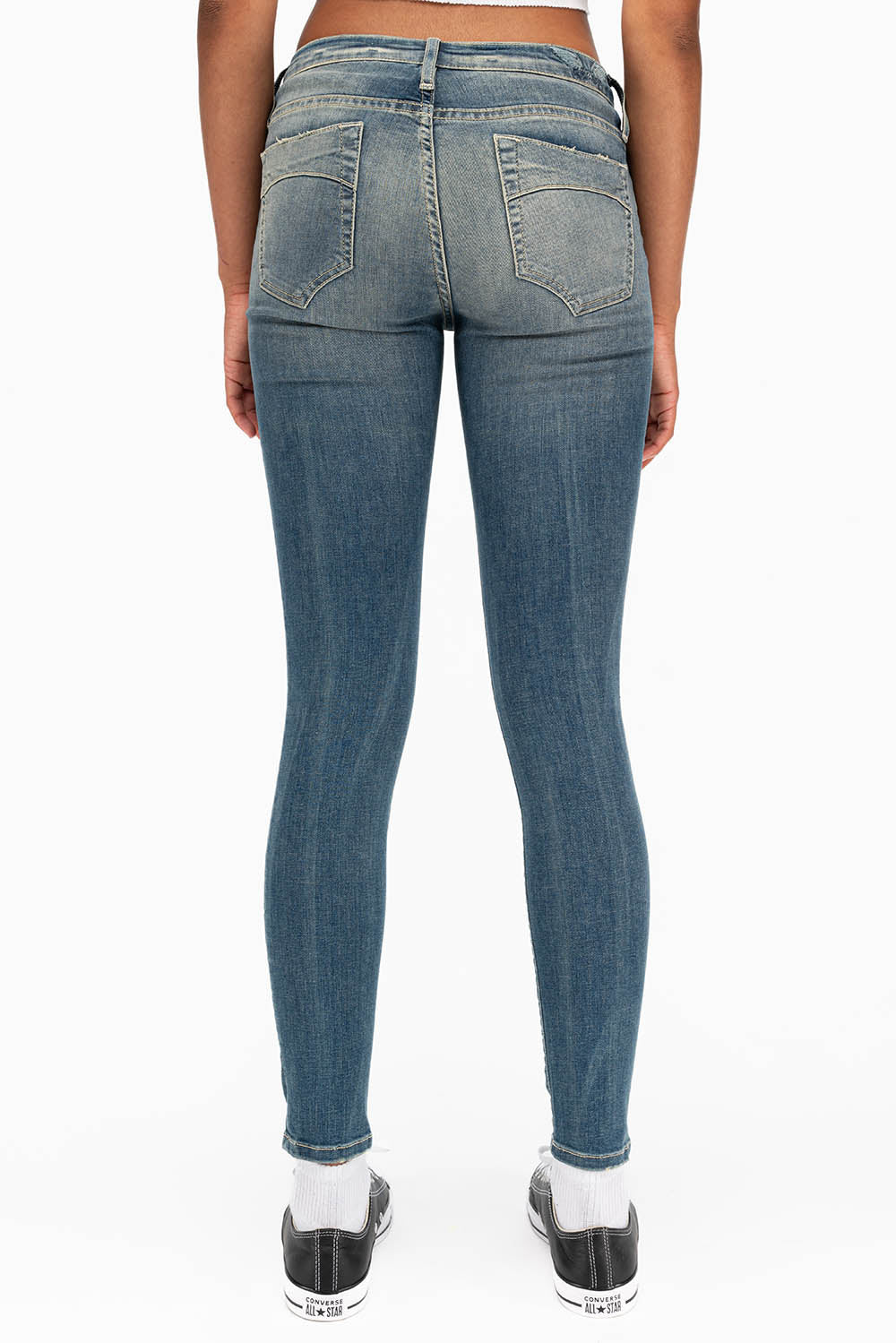 MIDRISE WOMENS SKINNY JEANS IN RIPPED BLUE WASH - Image 4
