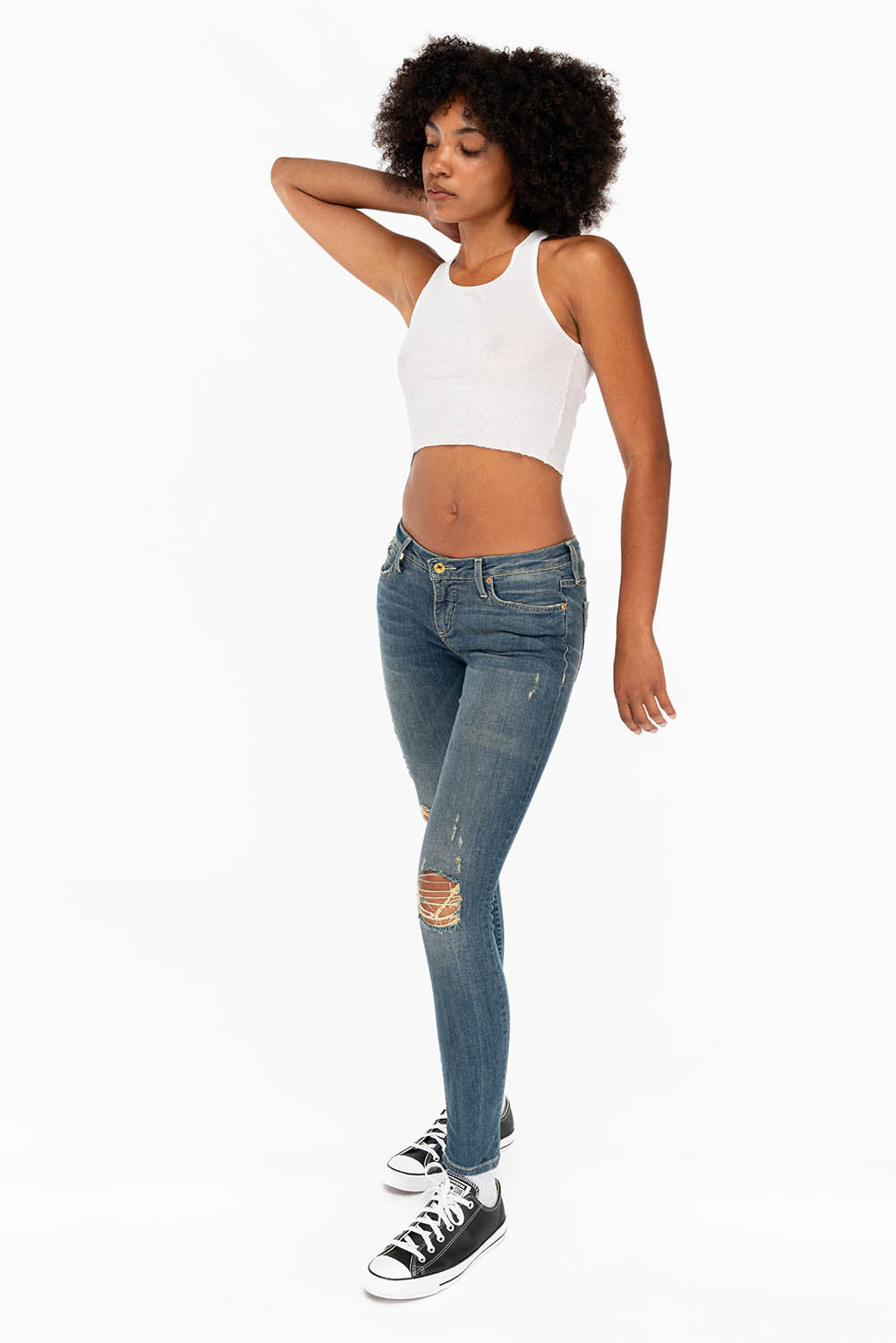 MIDRISE WOMENS SKINNY JEANS IN RIPPED BLUE WASH - Image 7