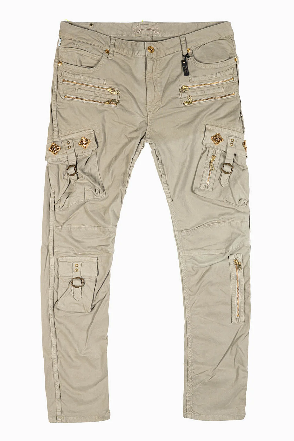 RAPTOR MILITARY STYLE CARGO JEAN IN KHAKI WITH GOLD BROOCH EMBELISHMENT