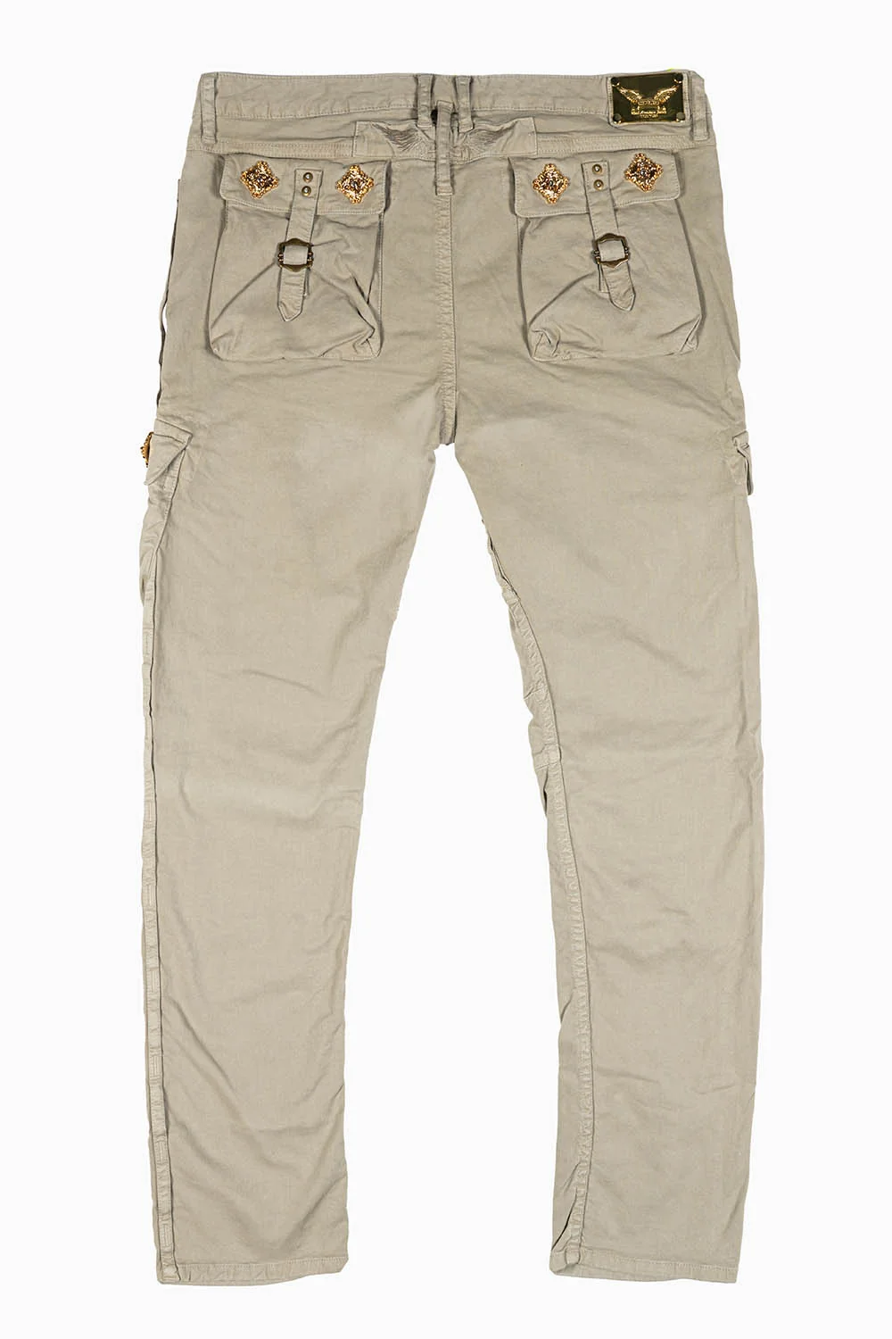 RAPTOR MILITARY STYLE CARGO JEAN IN KHAKI WITH GOLD BROOCH EMBELISHMENT - Image 3