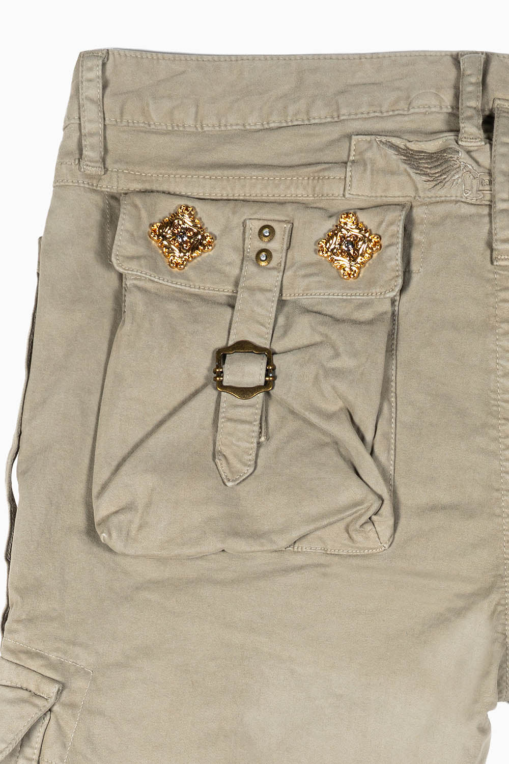 RAPTOR MILITARY STYLE CARGO JEAN IN KHAKI WITH GOLD BROOCH EMBELISHMENT - Image 4