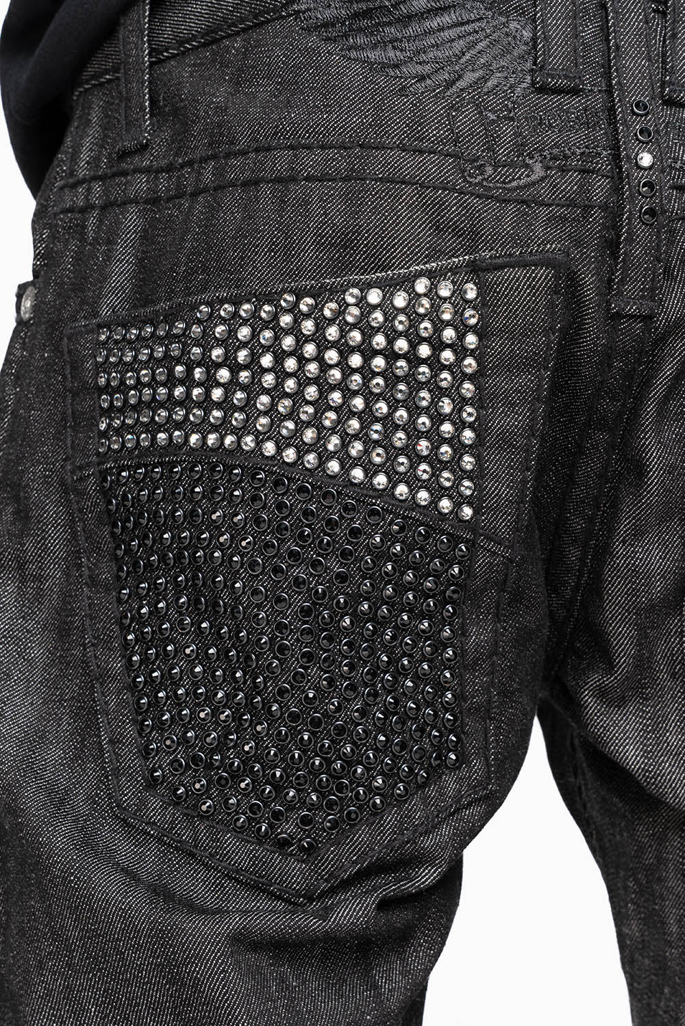 ROBIN’S  5 POCKET STRAIGHT LEG JEANS IN RAW BLK DENIM  HEAVY BLACK STITCHING WITH CRYSTALS - Image 2