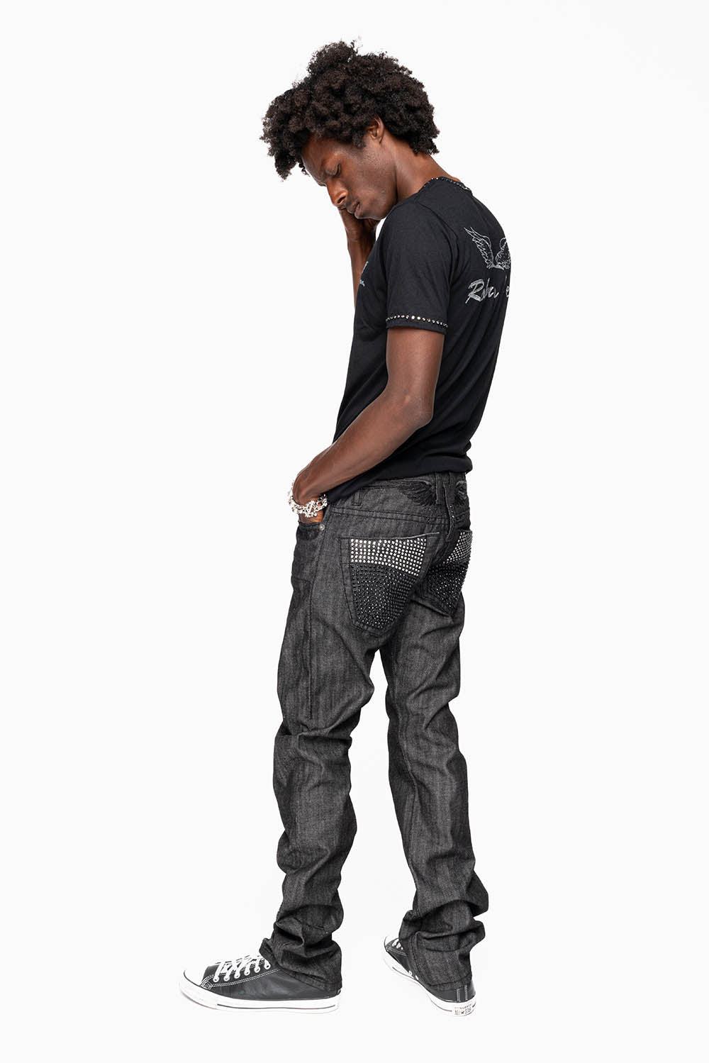 ROBIN’S  5 POCKET STRAIGHT LEG JEANS IN RAW BLK DENIM  HEAVY BLACK STITCHING WITH CRYSTALS - Image 6