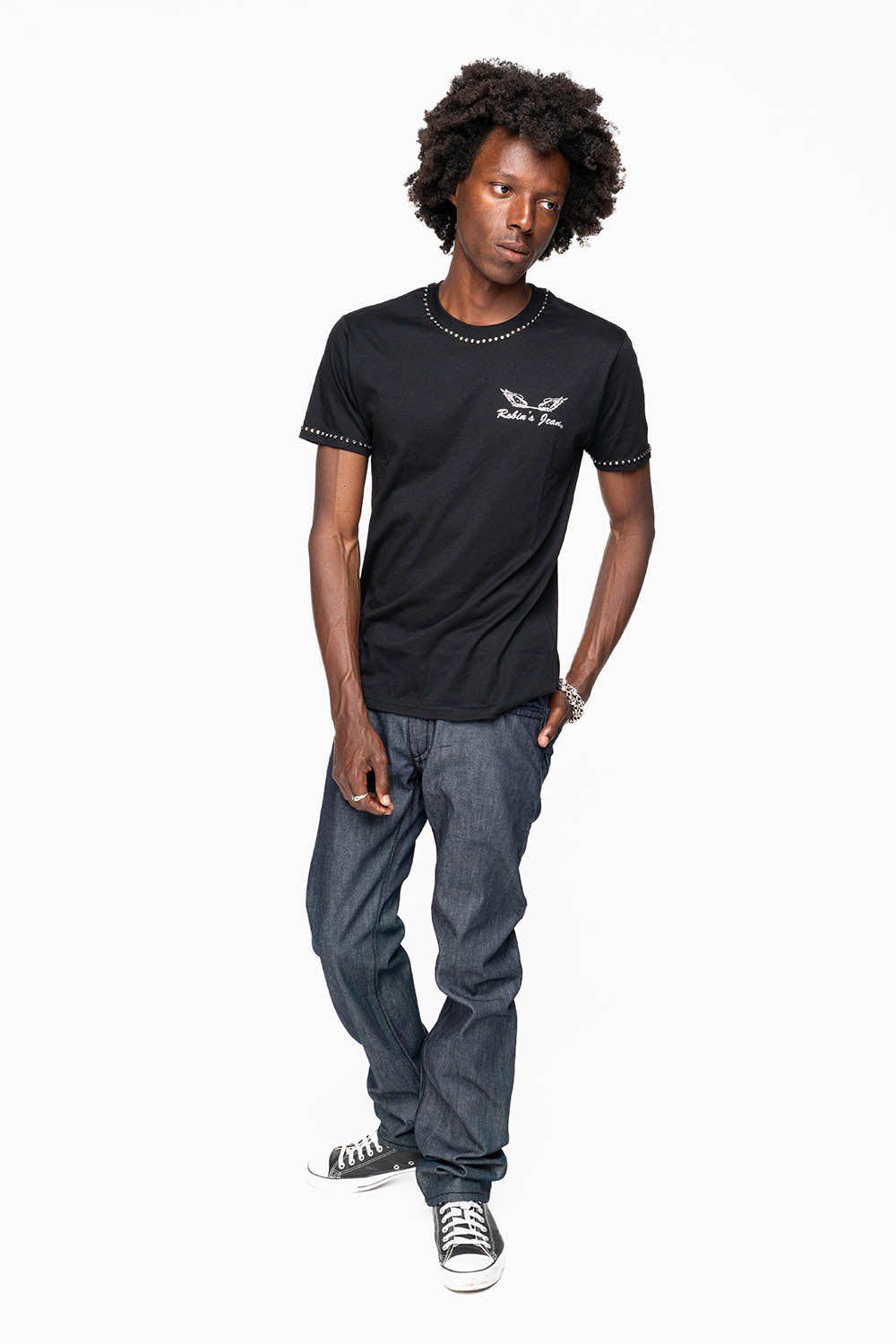 ROBIN’S BLACK SADDLE 5 POCKET STRAIGHT LEG JEANS IN RAW DENIM  HEAVY BLACK STITCHING - Image 4