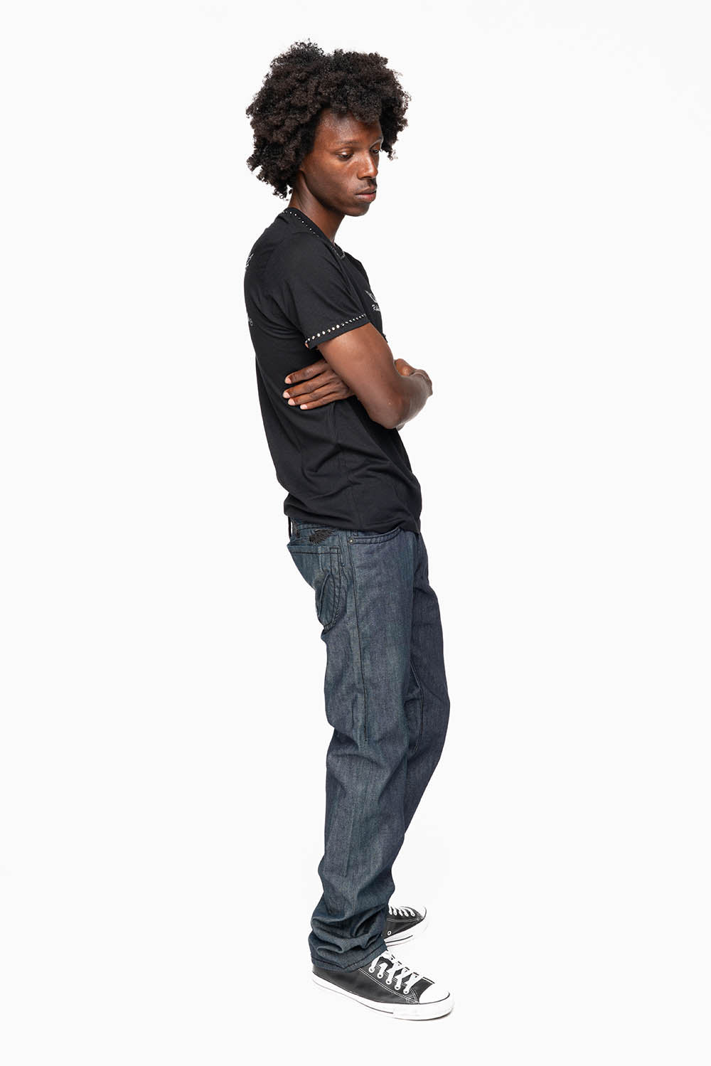 ROBIN’S BLACK SADDLE 5 POCKET STRAIGHT LEG JEANS IN RAW DENIM  HEAVY BLACK STITCHING - Image 6