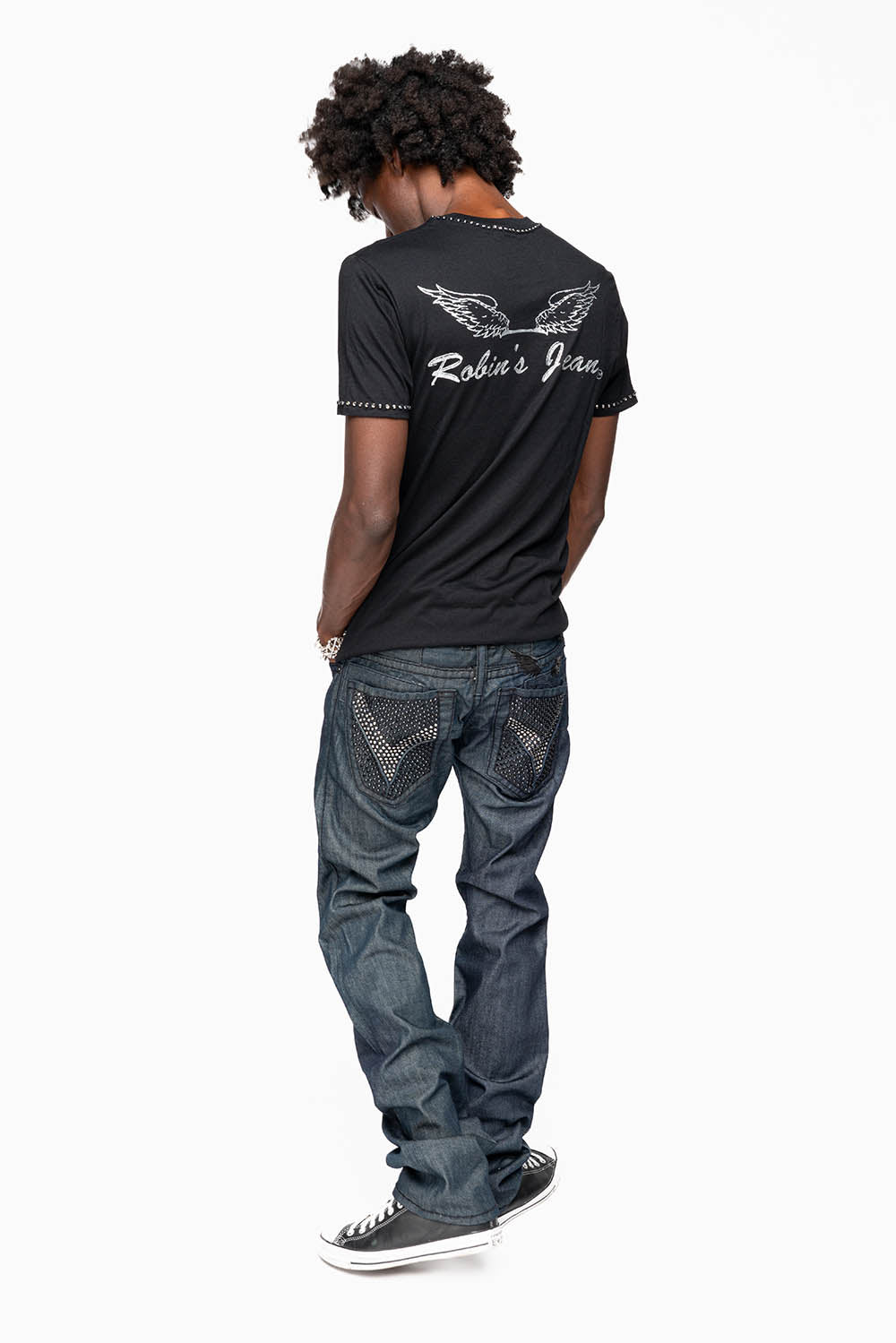 ROBIN’S BLACK SADDLE 5 POCKET STRAIGHT LEG JEANS IN RAW DENIM HEAVY BLACK STITCHING WITH CRYSTALS