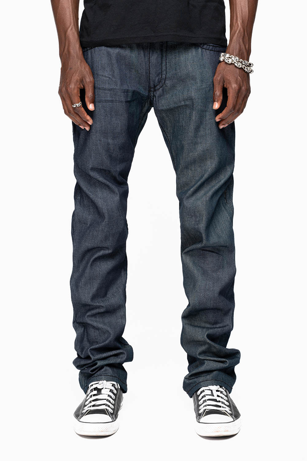 ROBIN’S BLACK SADDLE 5 POCKET STRAIGHT LEG JEANS IN RAW DENIM HEAVY BLACK STITCHING WITH CRYSTALS - Image 5