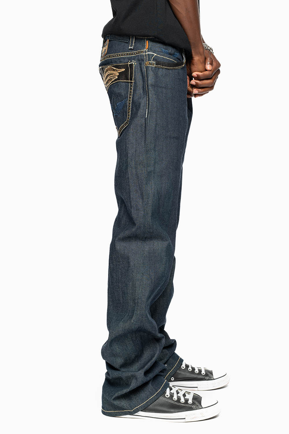 ROBIN’S BOOT CUT FAT BOY WESTERN JEAN  IN RAW DENIM WITH LEATHER INSERTS EMBELLISHED WITH CRYSTALS - Image 5