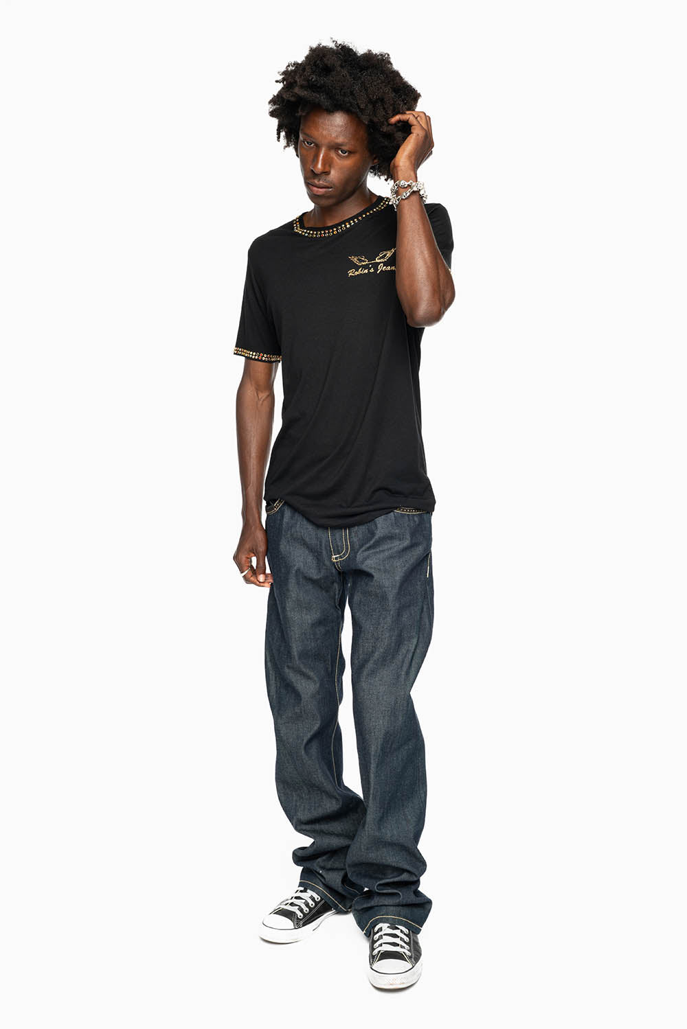 ROBIN’S BOOT CUT FAT BOY WESTERN JEAN  IN RAW DENIM WITH LEATHER INSERTS EMBELLISHED WITH CRYSTALS - Image 6