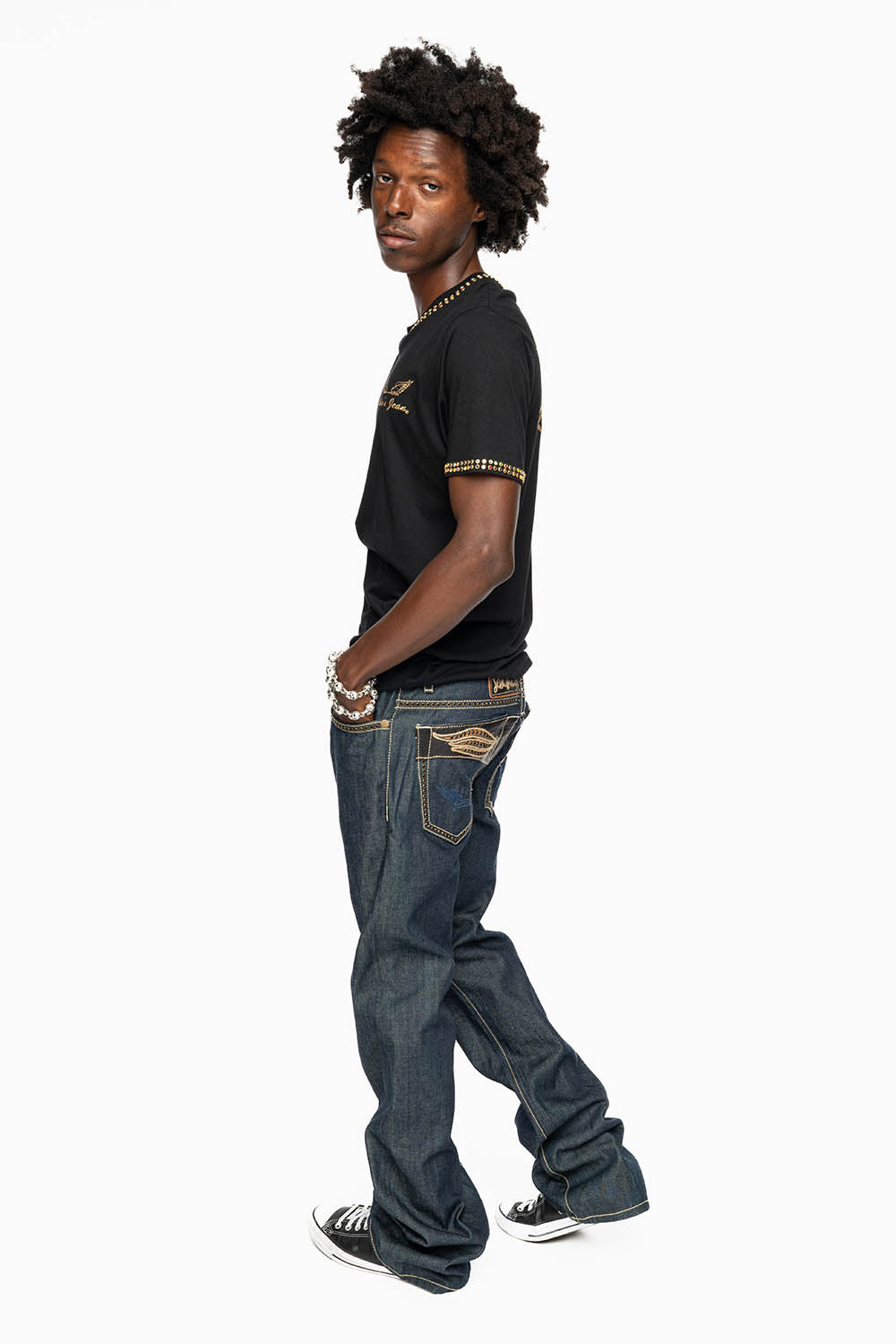 ROBIN’S BOOT CUT FAT BOY WESTERN JEAN  IN RAW DENIM WITH LEATHER INSERTS EMBELLISHED WITH CRYSTALS - Image 8