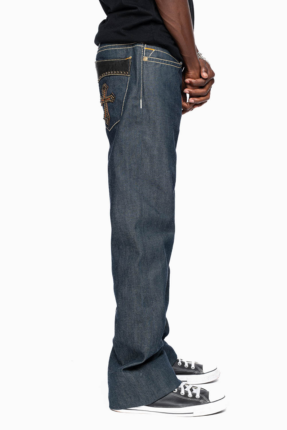 ROBIN’S BOOT CUT GOTHIC JEAN IN RAW DENIM WITH BLK LEATHER GOTHIC CROSS EMBELLISHED WITH JET BLK CRYSTALS - Image 6