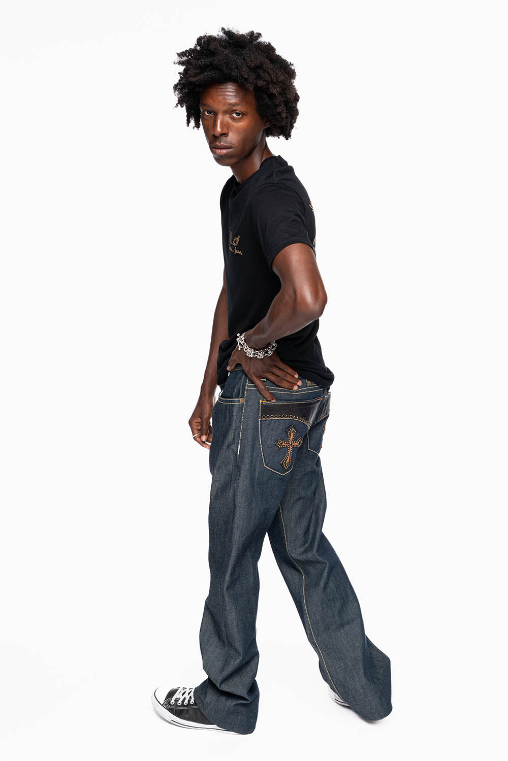 ROBIN’S BOOT CUT GOTHIC JEAN IN RAW DENIM WITH BLK LEATHER GOTHIC CROSS EMBELLISHED WITH JET BLK CRYSTALS - Image 7