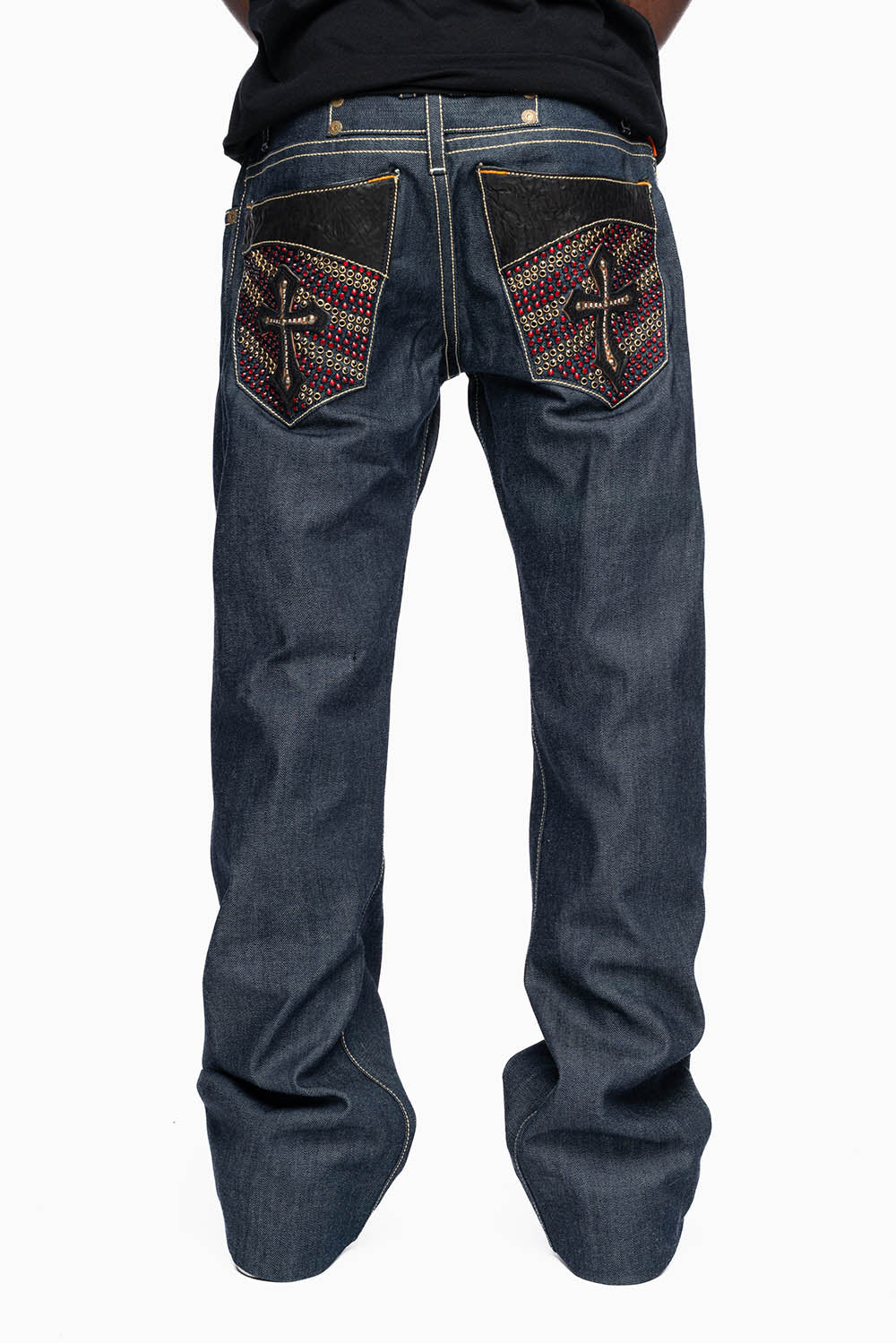 ROBIN’S BOOT CUT GOTHIC JEAN IN RAW DENIM WITH BLK LEATHER GOTHIC CROSS FULLY EMBELLISHED WITH CRYSTALS