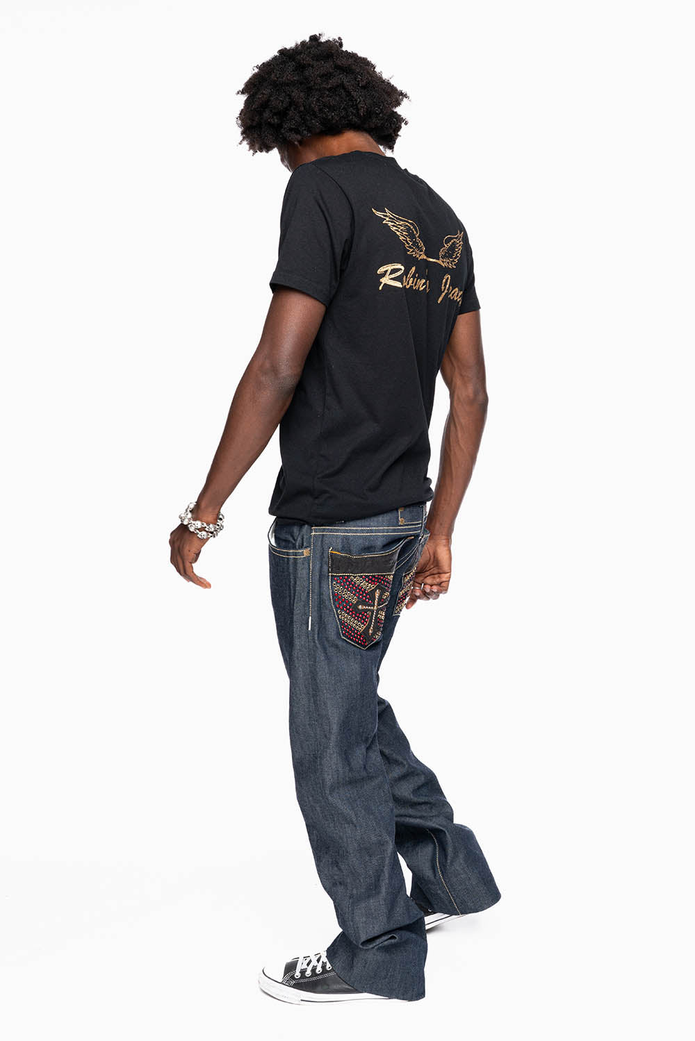ROBIN’S BOOT CUT GOTHIC JEAN IN RAW DENIM WITH BLK LEATHER GOTHIC CROSS FULLY EMBELLISHED WITH CRYSTALS - Image 7