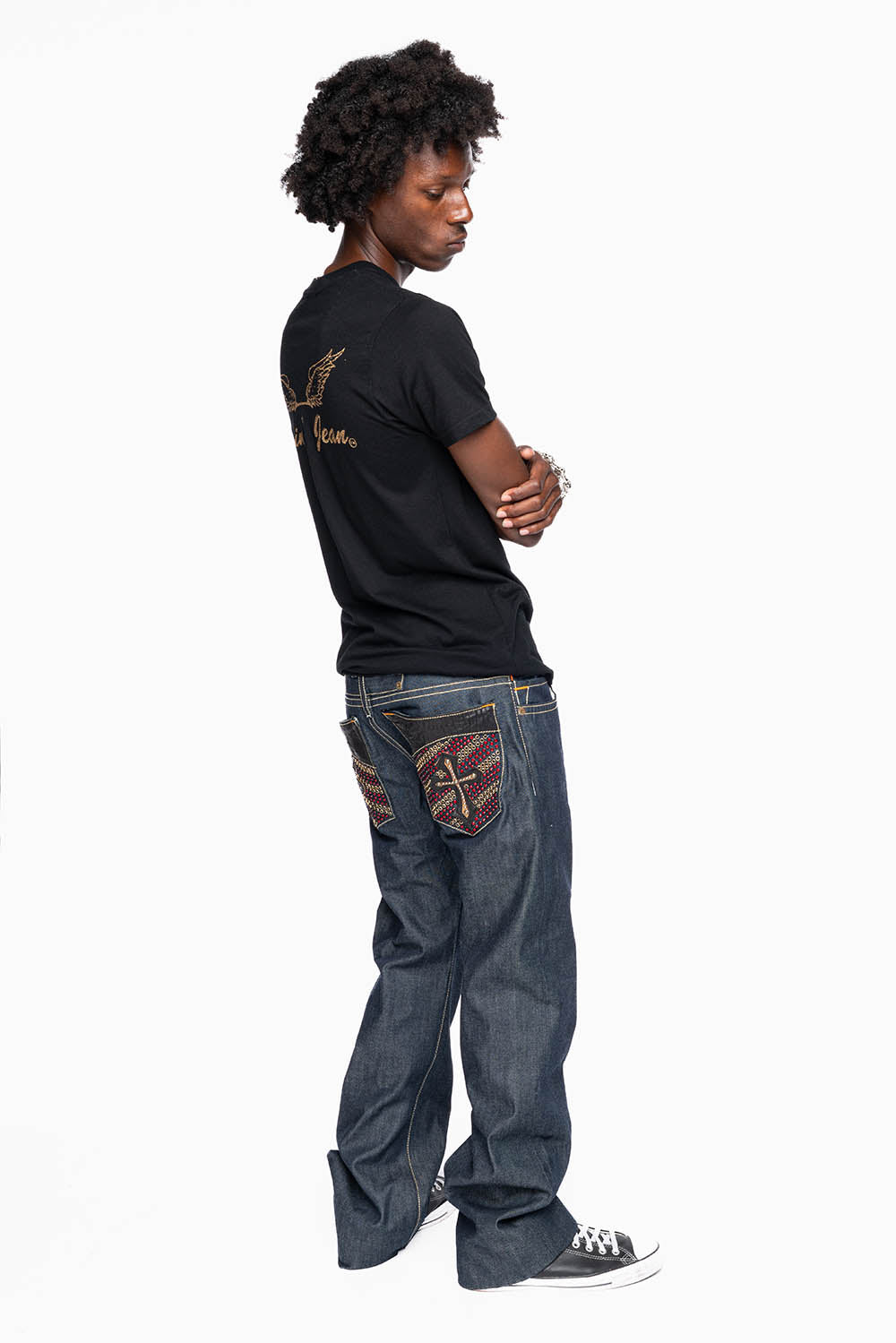 ROBIN’S BOOT CUT GOTHIC JEAN IN RAW DENIM WITH BLK LEATHER GOTHIC CROSS FULLY EMBELLISHED WITH CRYSTALS - Image 8