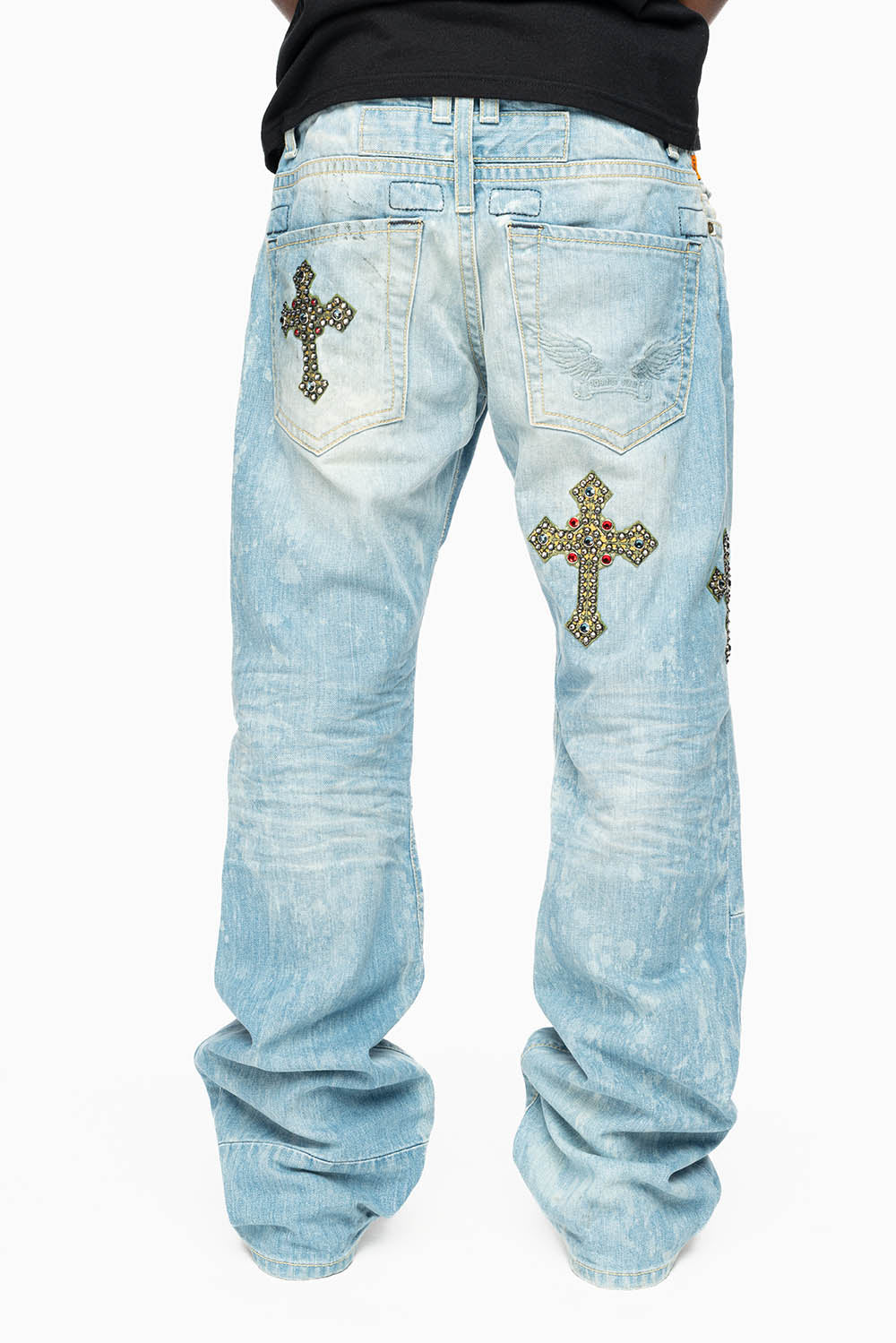 ROBIN’S BOOT CUT JEAN IN 5D LIGHT WASH EMBELLISHED WITH MULTIPLE CROSS PATCHES AND CRYSTALS ALL OVER - Image 3