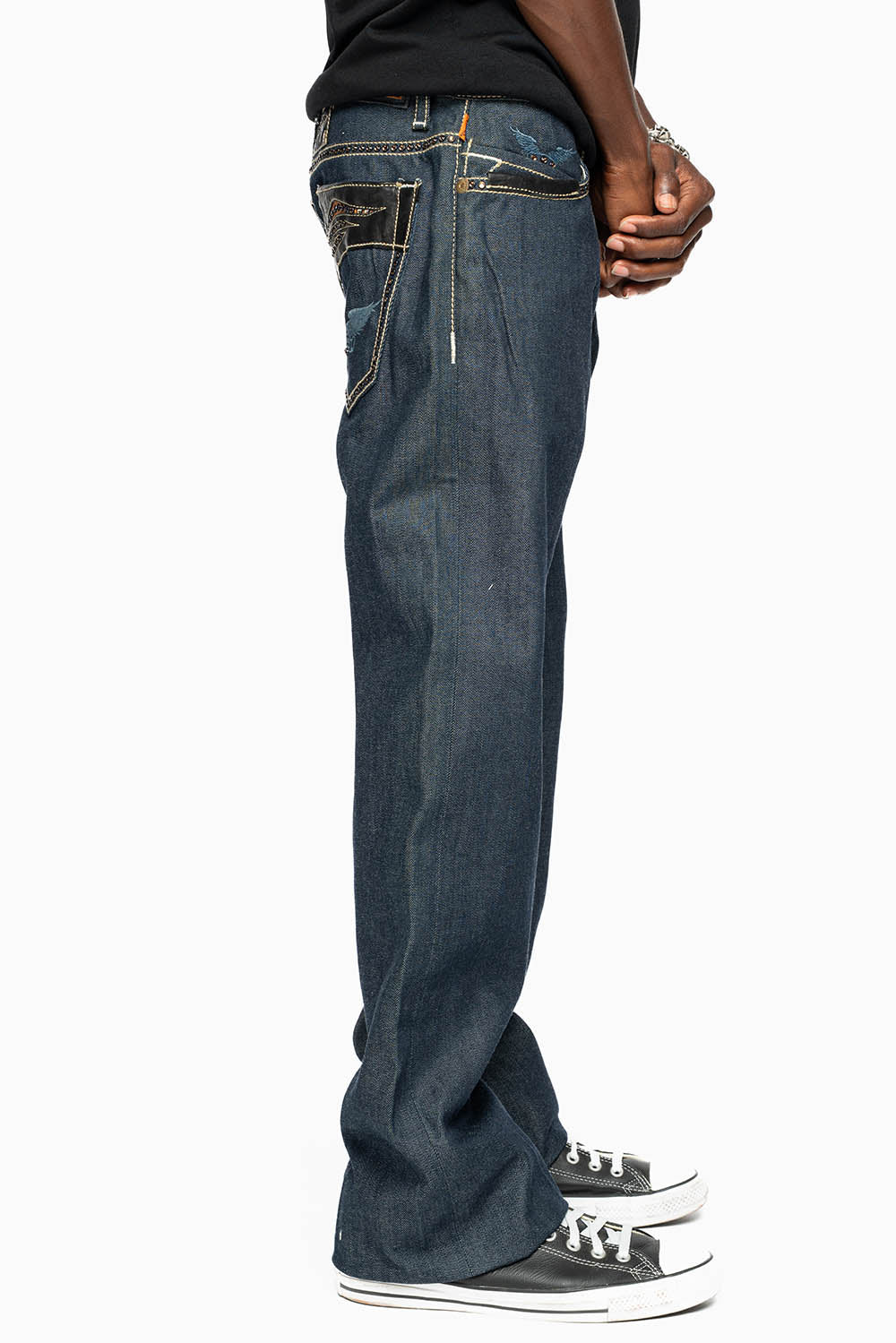 ROBIN’S BOOT CUT STURGIS WESTERN JEAN  IN RAW DENIM WITH LEATHER INSERTS EMBELLISHED WITH CRYSTALS - Image 5