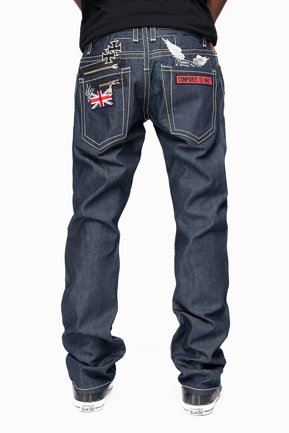 ROBIN’S BRITISH FLAG SLIM JEANS IN RAW DENIM EMBROIDERED ROBIN”S WING LOGO ON THE BACK WITH PATCHES
