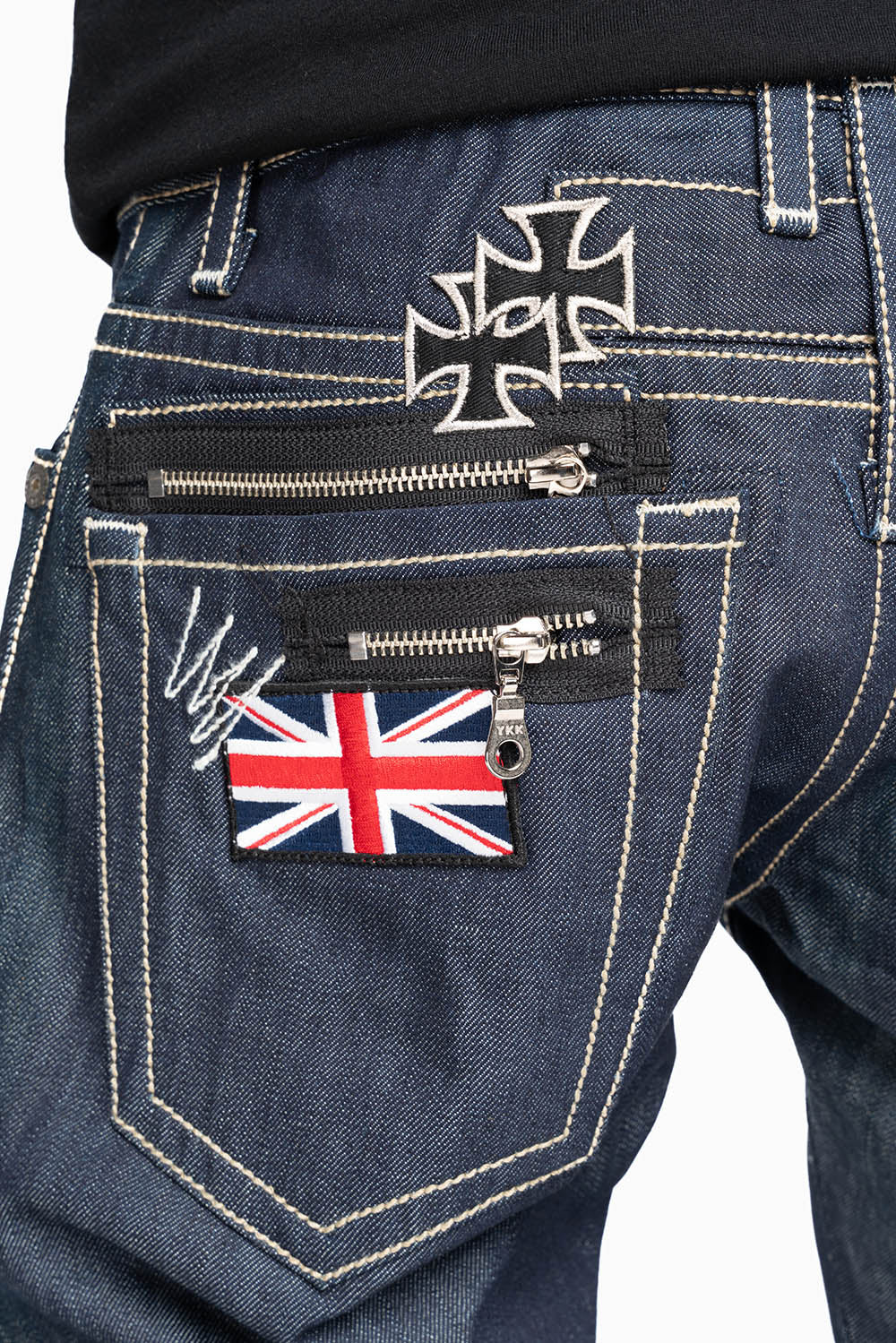 ROBIN’S BRITISH FLAG SLIM JEANS IN RAW DENIM EMBROIDERED ROBIN”S WING LOGO ON THE BACK WITH PATCHES - Image 2