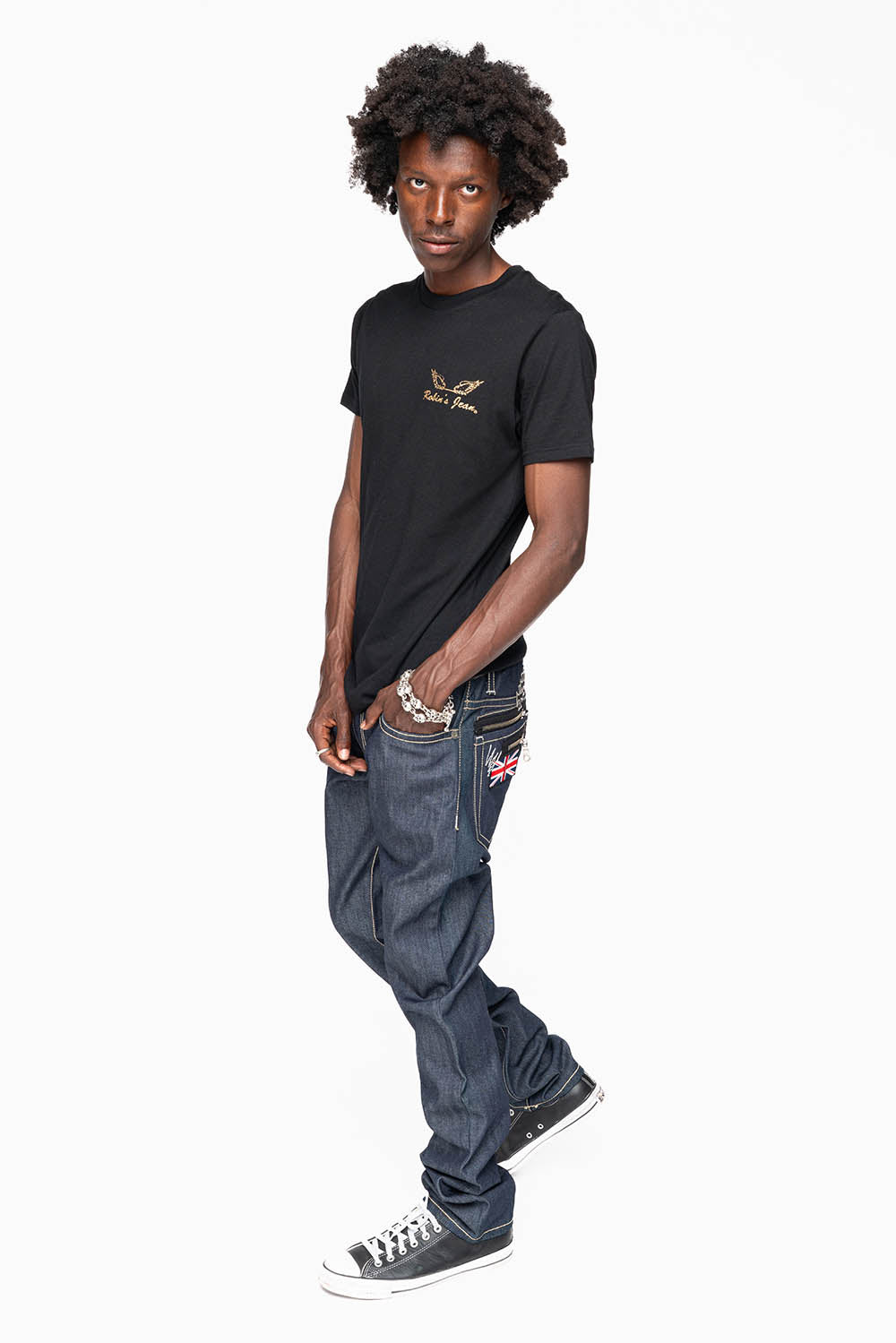 ROBIN’S BRITISH FLAG SLIM JEANS IN RAW DENIM EMBROIDERED ROBIN”S WING LOGO ON THE BACK WITH PATCHES - Image 6