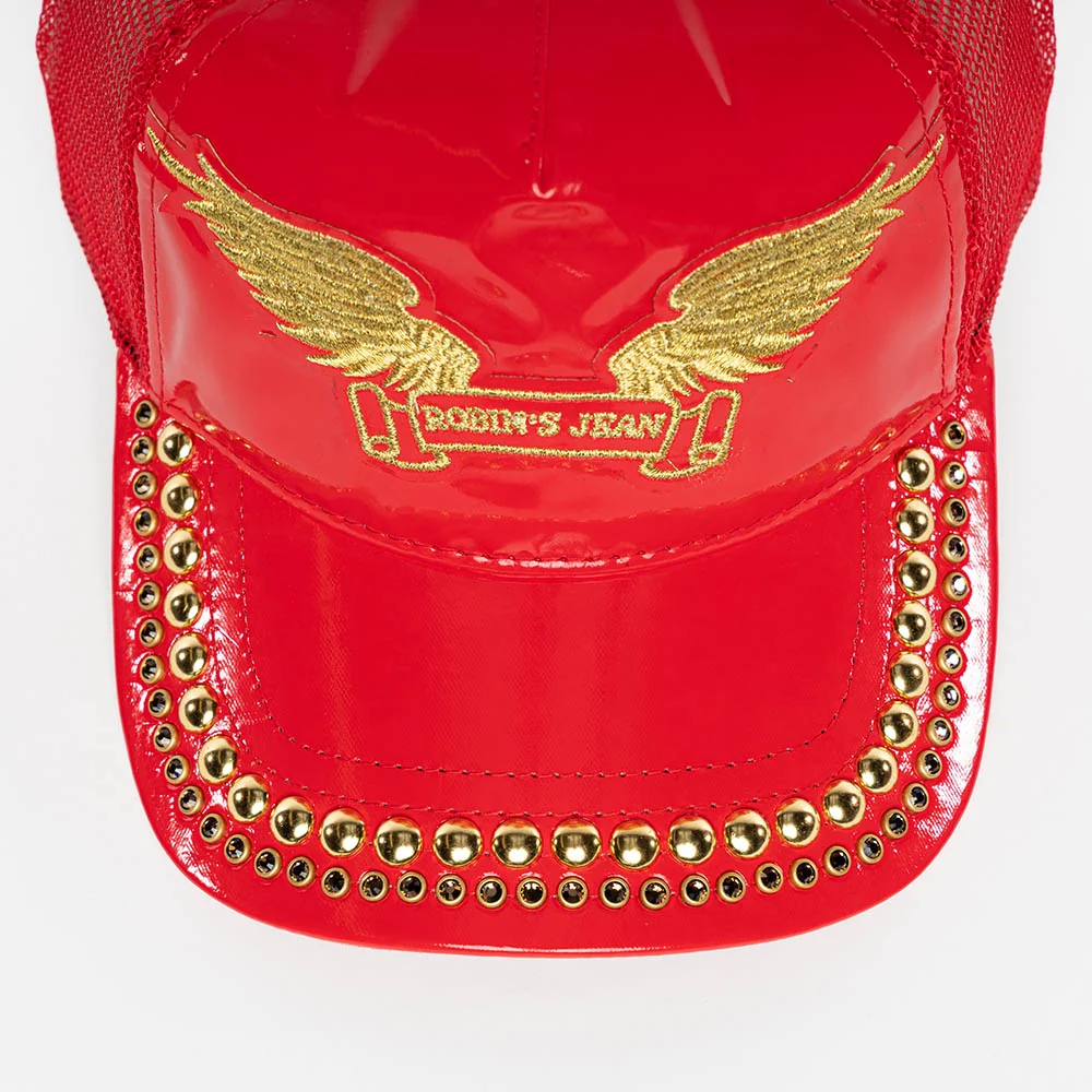 ROBIN’S CLASSIC WING CAP IN RED PATENT WITH GOLD EMBROIDERED LOGO WITH EMBELLISHMENT - Image 3