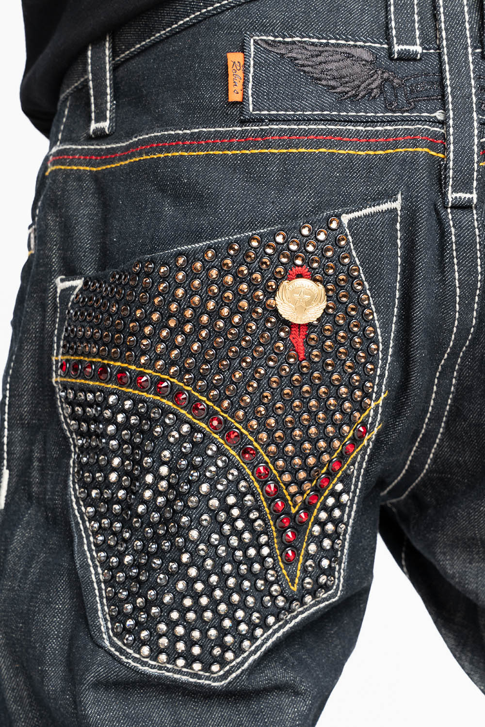 ROBIN’S FAKE FLAP  STRAIGHT LEG JEANS IN RAW RED SALVAGED DENIM WITH MULTI COLOR STITCHING WITH CRYSTALS - Image 2