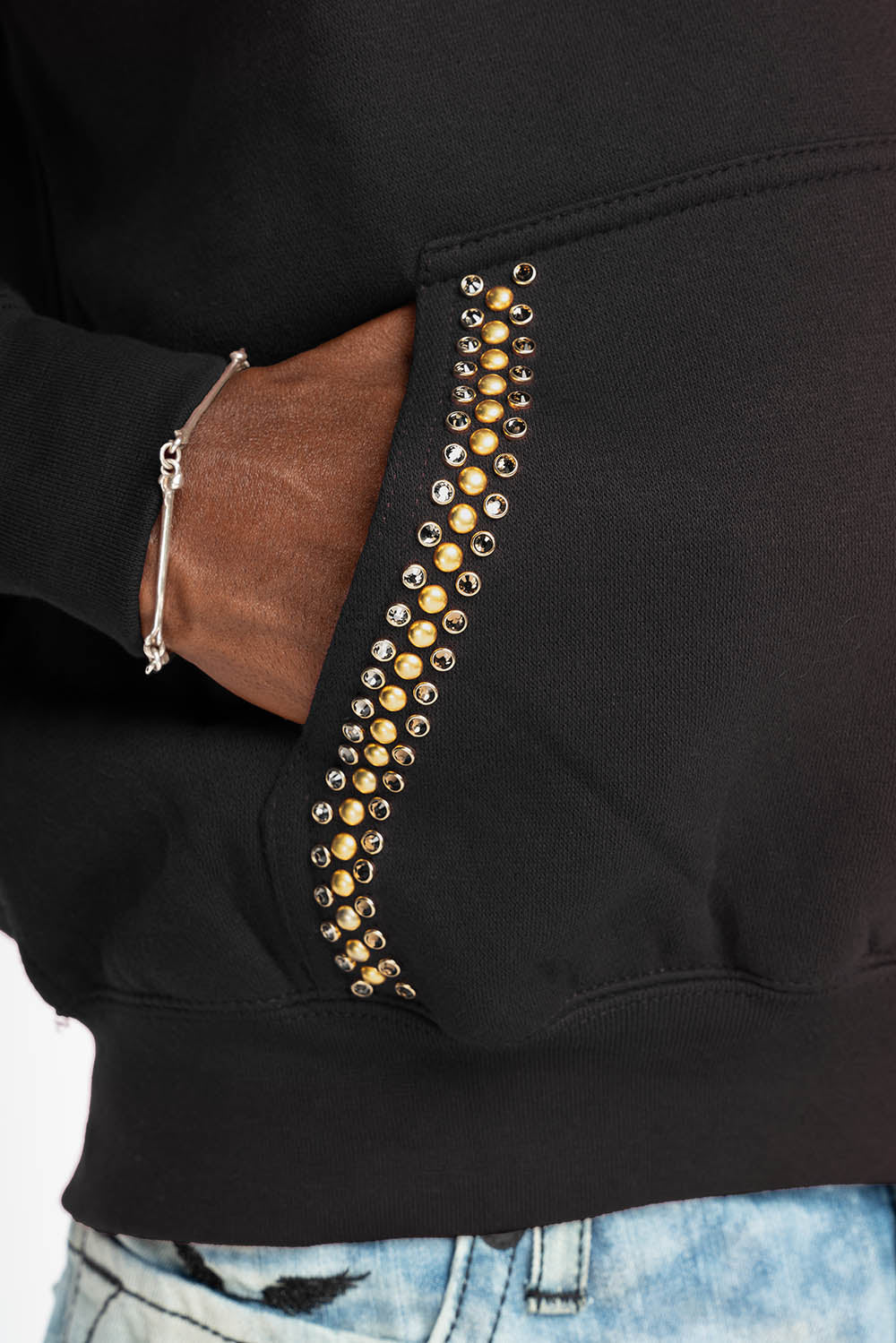 ROBIN’S JEAN PULLOVER HOODIE IN BLACK EMBELLISHED WITH CRYSTALS AND NAILHEADS - Image 4
