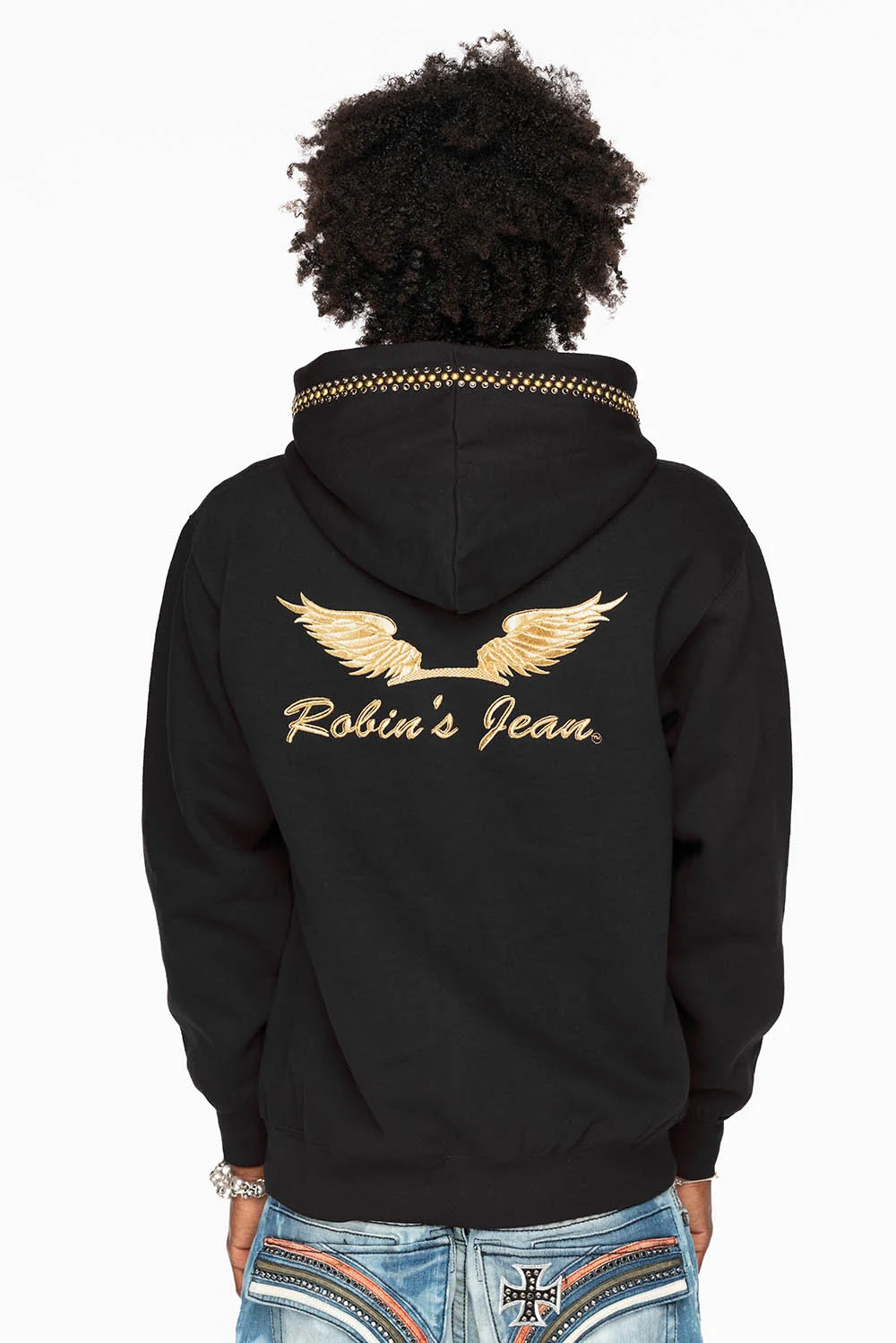 ROBIN’S JEAN PULLOVER HOODIE IN BLACK EMBELLISHED WITH CRYSTALS AND NAILHEADS - Image 6