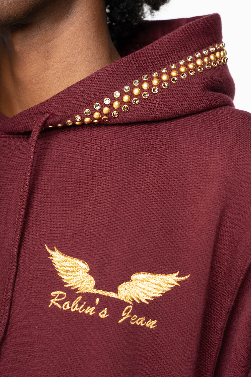 ROBIN’S JEAN PULLOVER HOODIE IN BURGUNDY EMBELLISHED WITH CRYSTALS AND NAILHEADS - Image 2