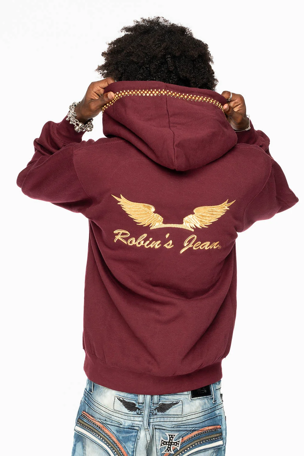 ROBIN’S JEAN PULLOVER HOODIE IN BURGUNDY EMBELLISHED WITH CRYSTALS AND NAILHEADS - Image 4