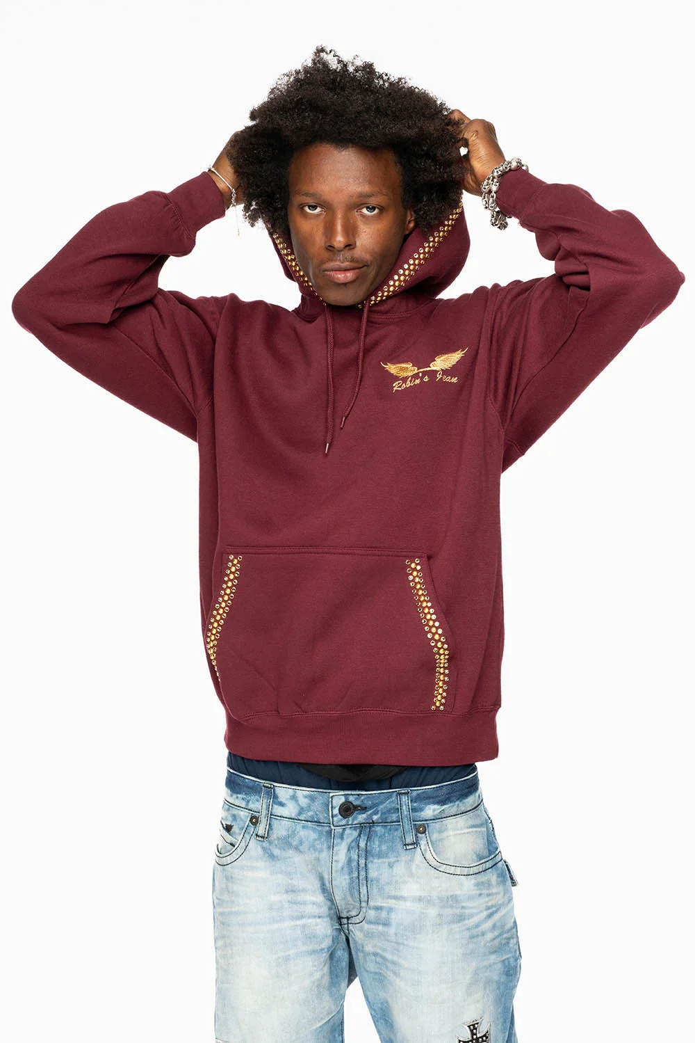 ROBIN’S JEAN PULLOVER HOODIE IN BURGUNDY EMBELLISHED WITH CRYSTALS AND NAILHEADS - Image 6