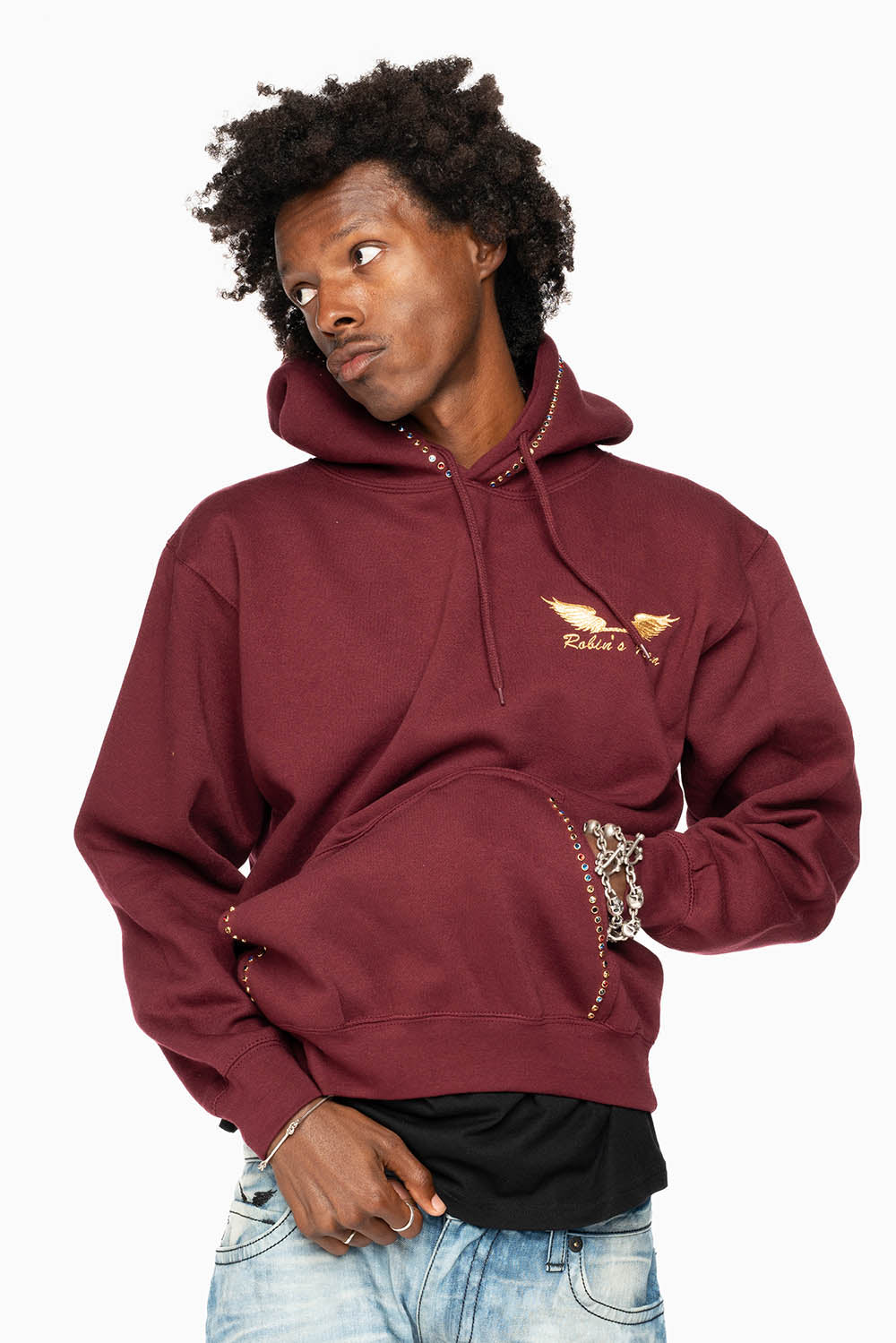 ROBIN’S JEAN PULLOVER HOODIE IN BURGUNDY EMBELLISHED WITH MULTI-COLOR CRYSTALS - Image 3