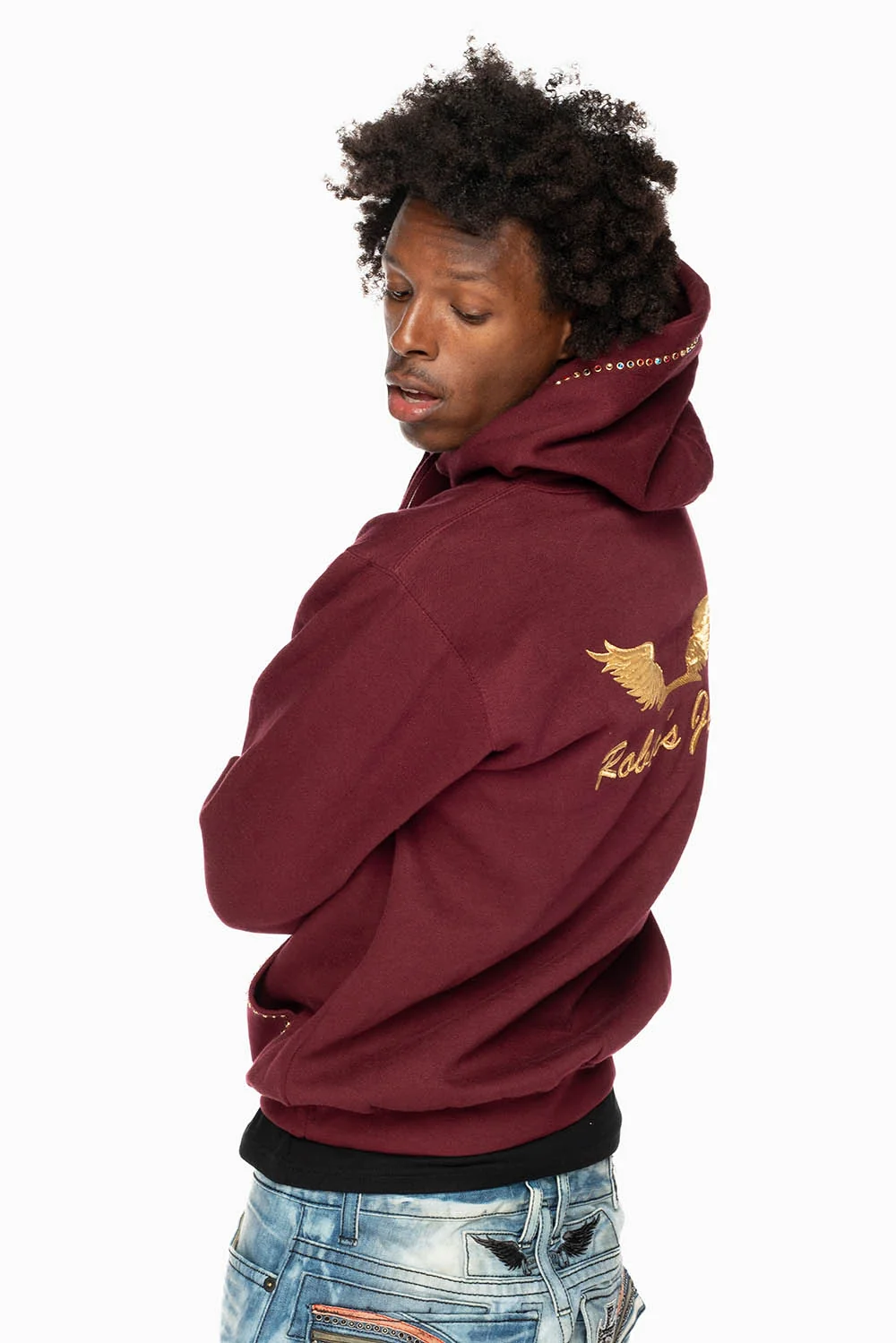 ROBIN’S JEAN PULLOVER HOODIE IN BURGUNDY EMBELLISHED WITH MULTI-COLOR CRYSTALS - Image 4