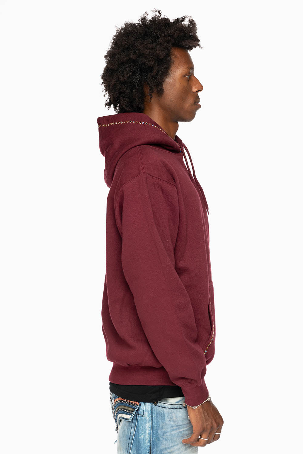 ROBIN’S JEAN PULLOVER HOODIE IN BURGUNDY EMBELLISHED WITH MULTI-COLOR CRYSTALS - Image 9