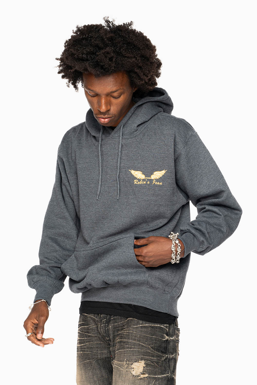 ROBIN’S JEAN PULLOVER HOODIE IN DARK HEATHER WITH GOLD WINGS EMBROIDERY - Image 6