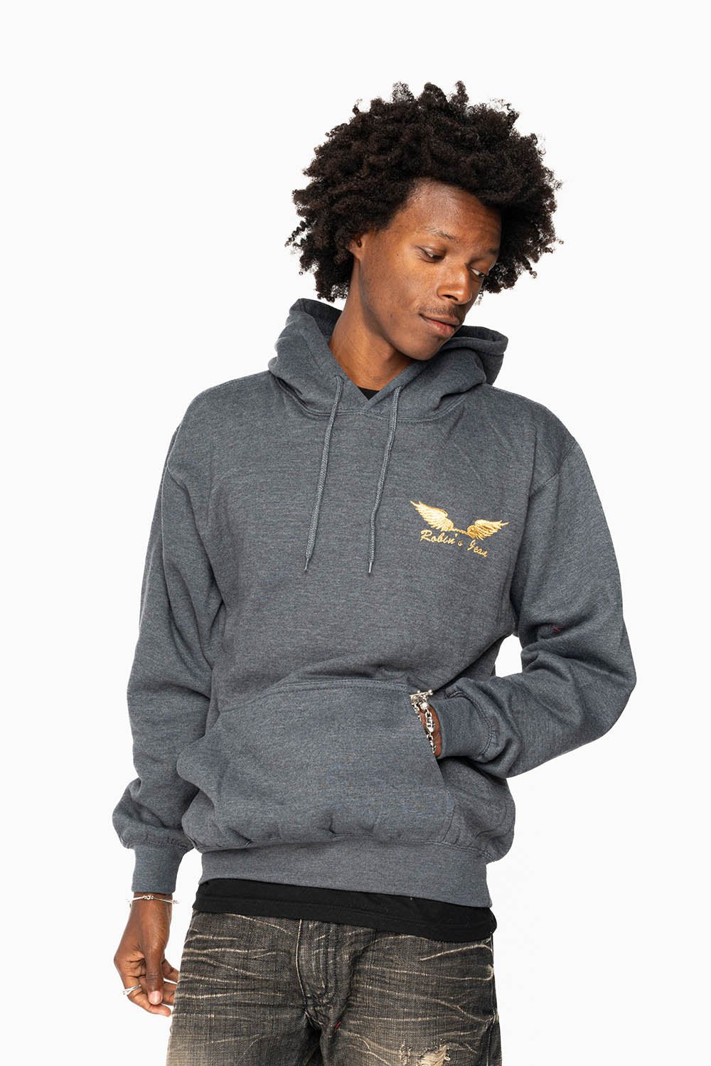 ROBIN’S JEAN PULLOVER HOODIE IN DARK HEATHER WITH GOLD WINGS EMBROIDERY - Image 7